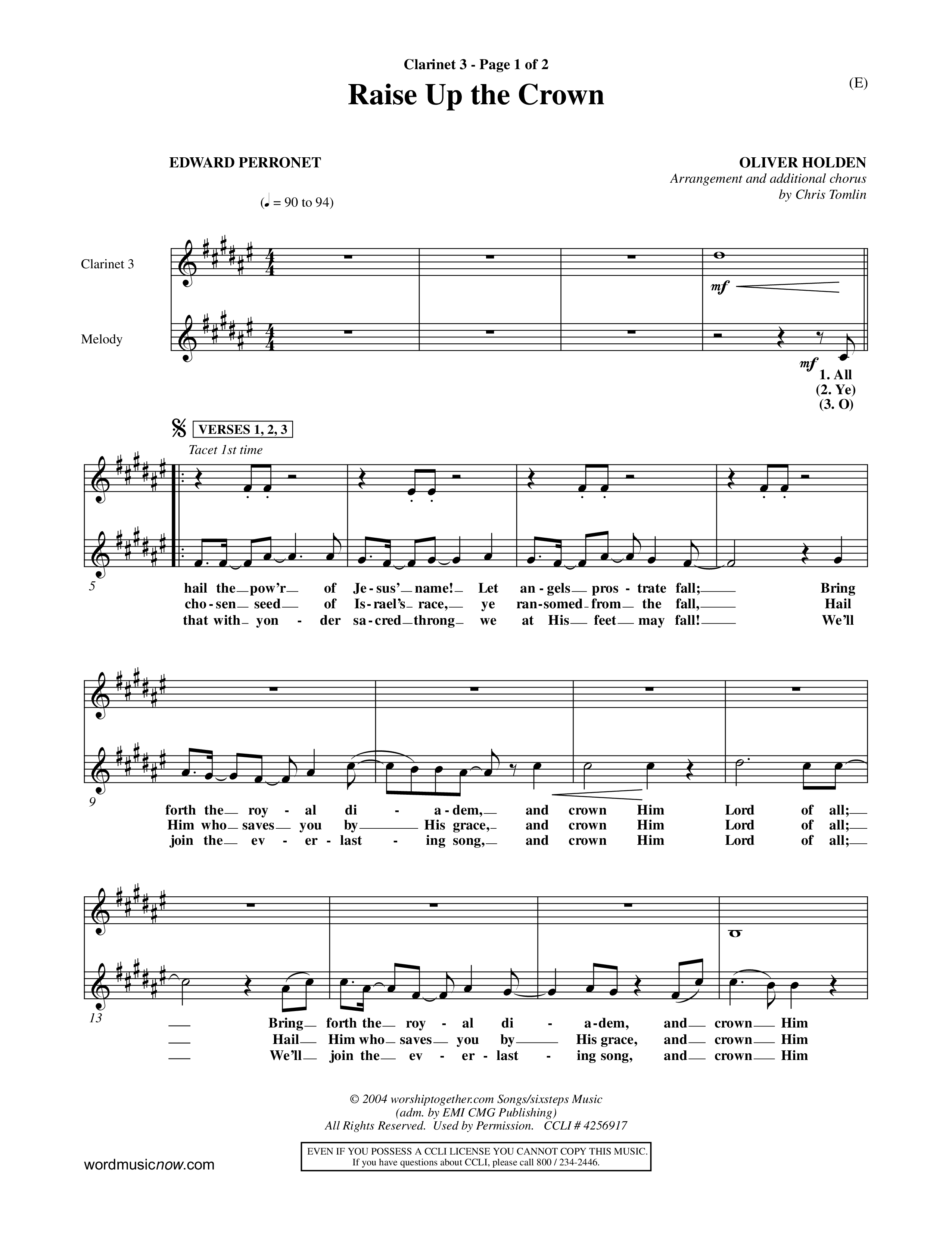 Raise Up The Crown (Choral Anthem SATB) Clarinet 3 (Word Music Choral / Orch. Dave Williamson)