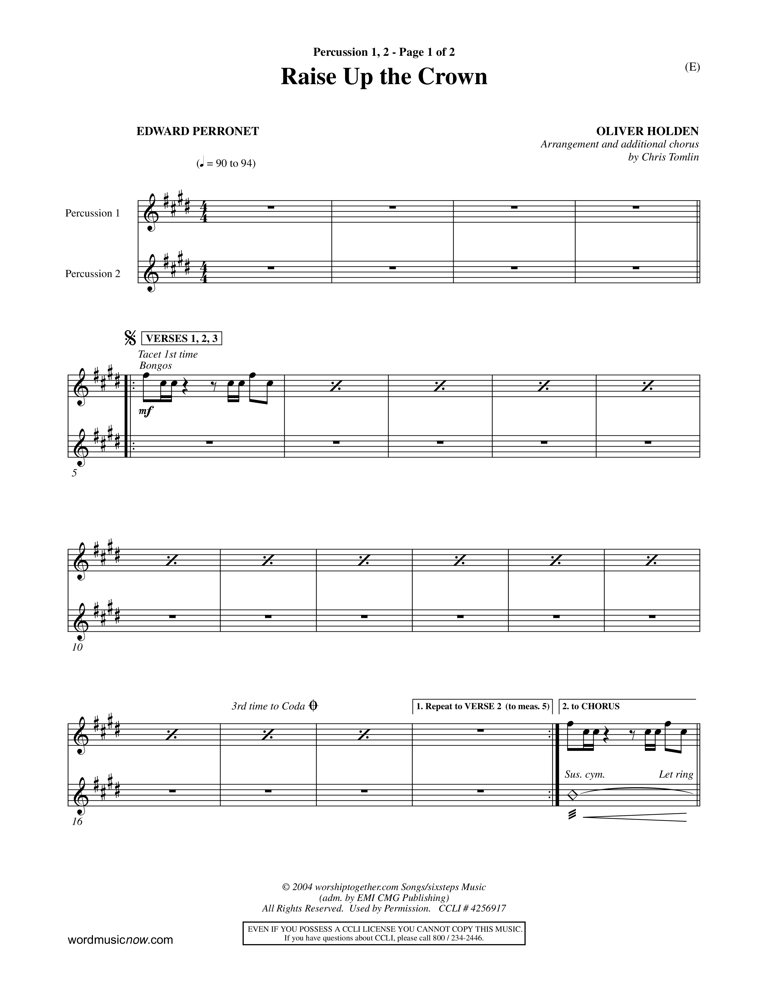 Raise Up The Crown (Choral Anthem SATB) Percussion 1/2 (Word Music Choral / Orch. Dave Williamson)