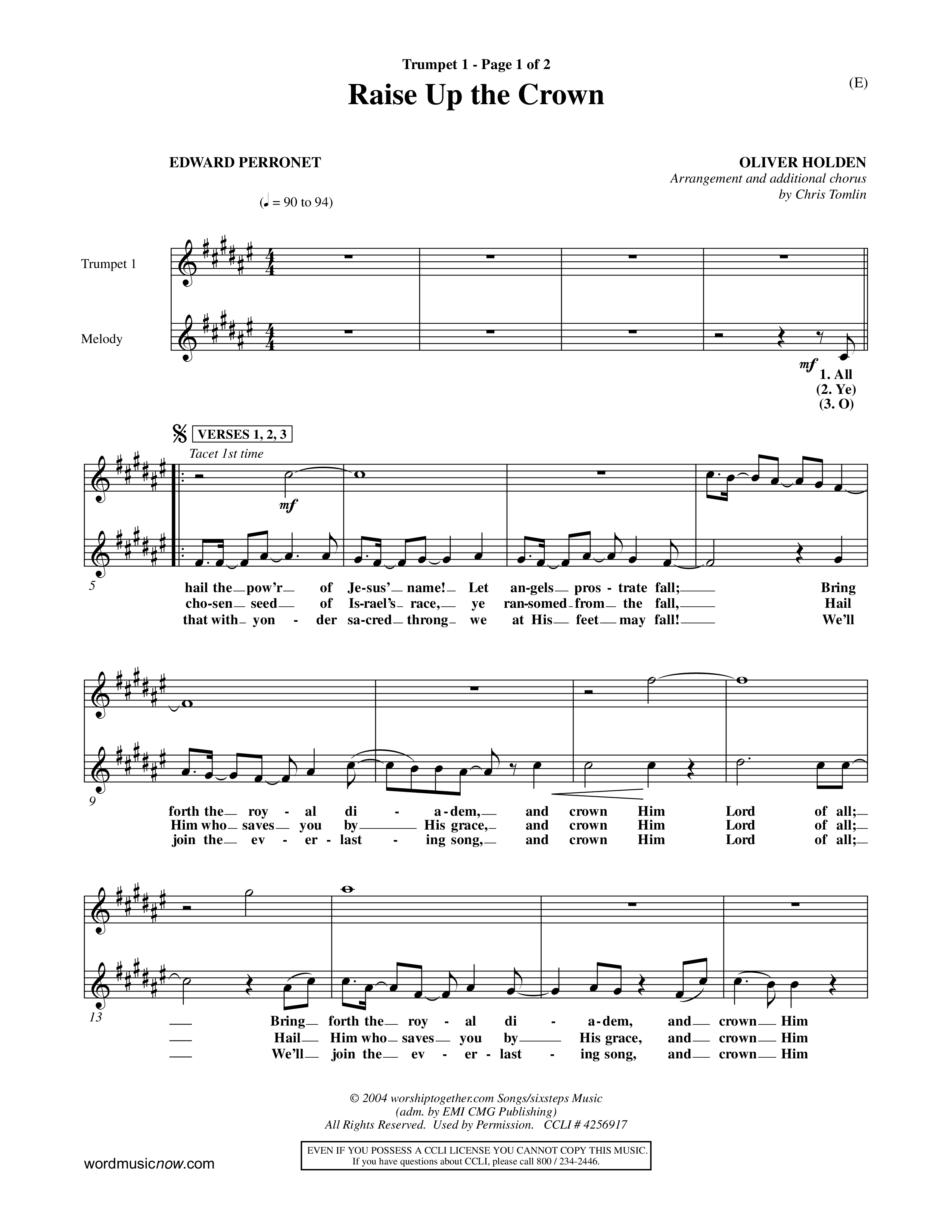 Raise Up The Crown (Choral Anthem SATB) Trumpet 1 (Word Music Choral / Orch. Dave Williamson)