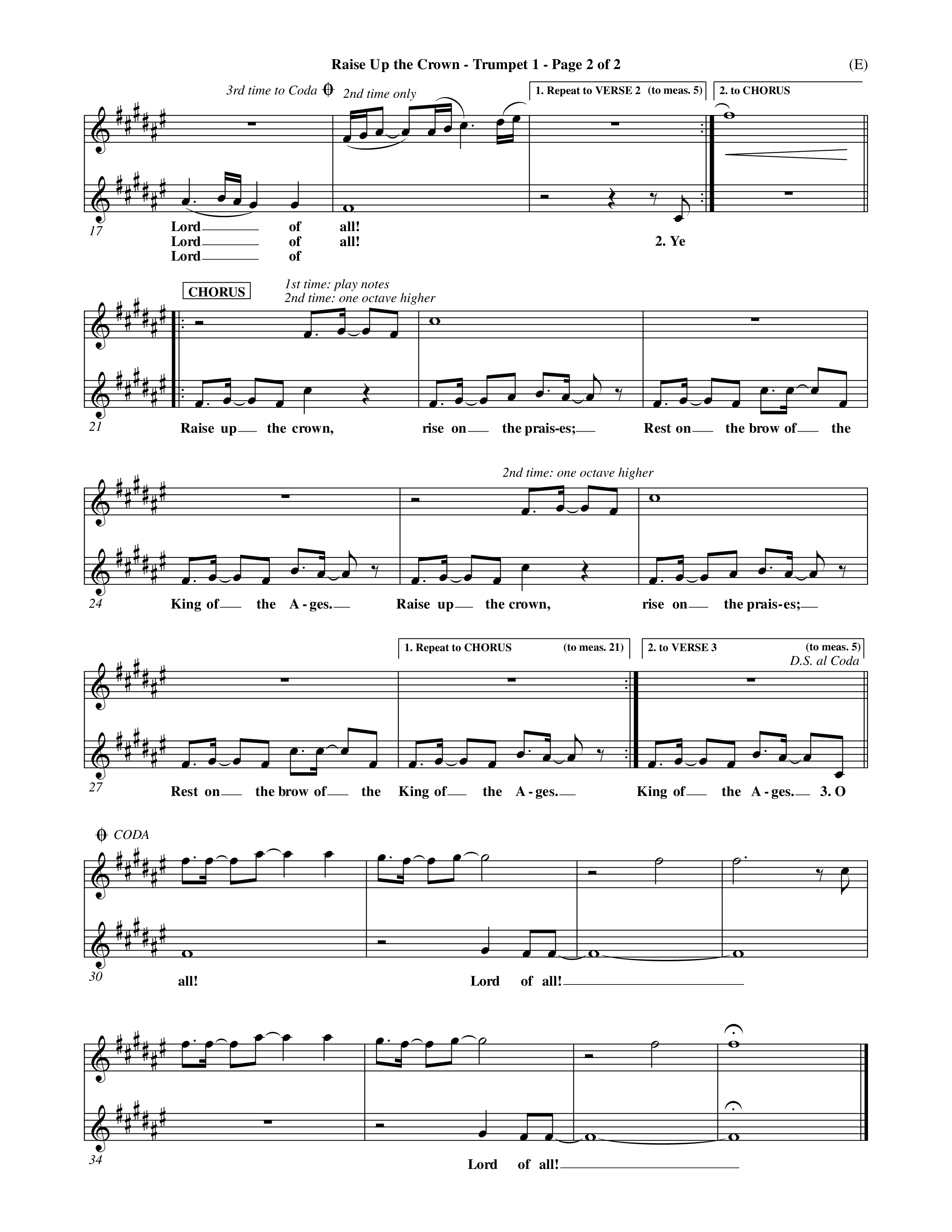 Raise Up The Crown (Choral Anthem SATB) Trumpet 1 (Word Music Choral / Orch. Dave Williamson)