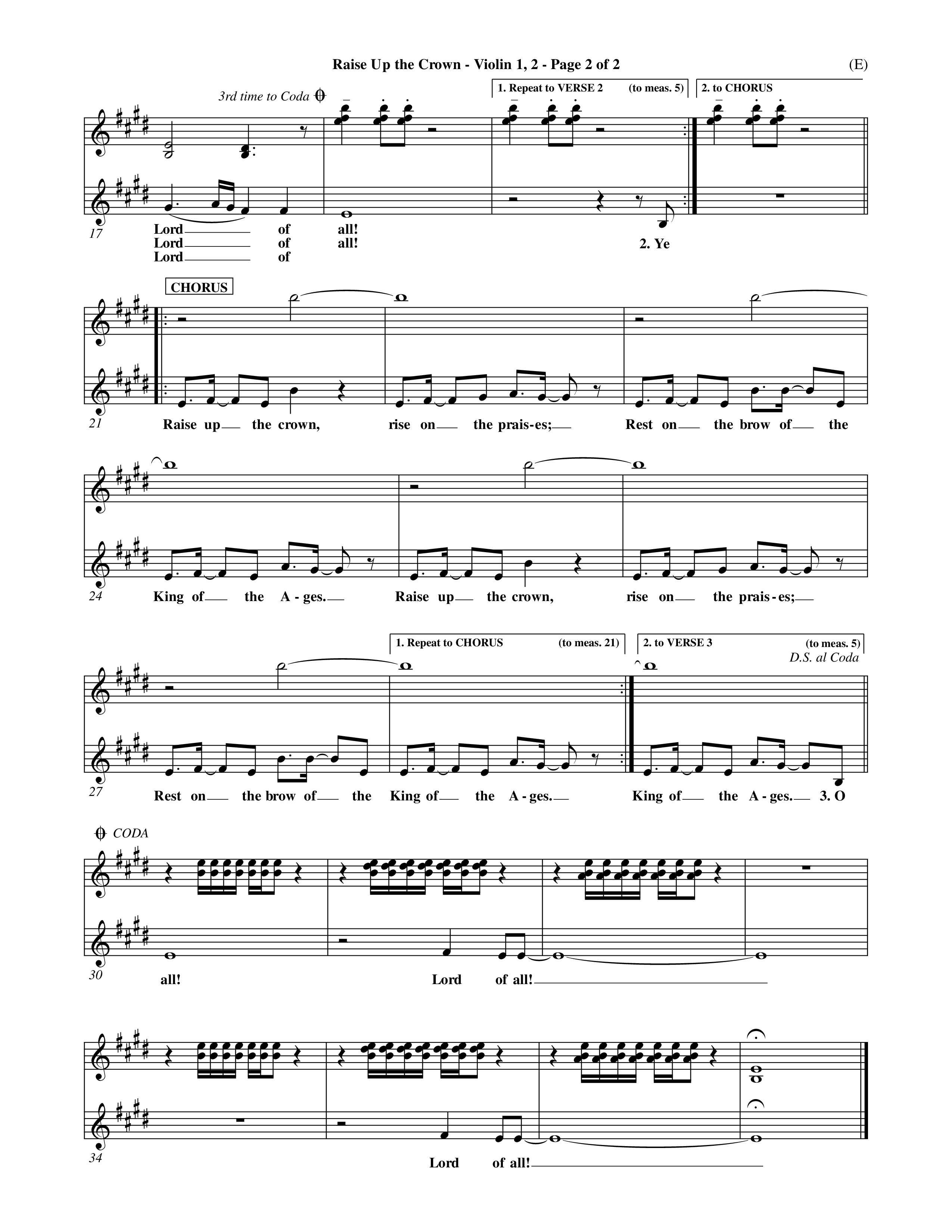 Raise Up The Crown (Choral Anthem SATB) Violin 1/2 (Word Music Choral / Orch. Dave Williamson)