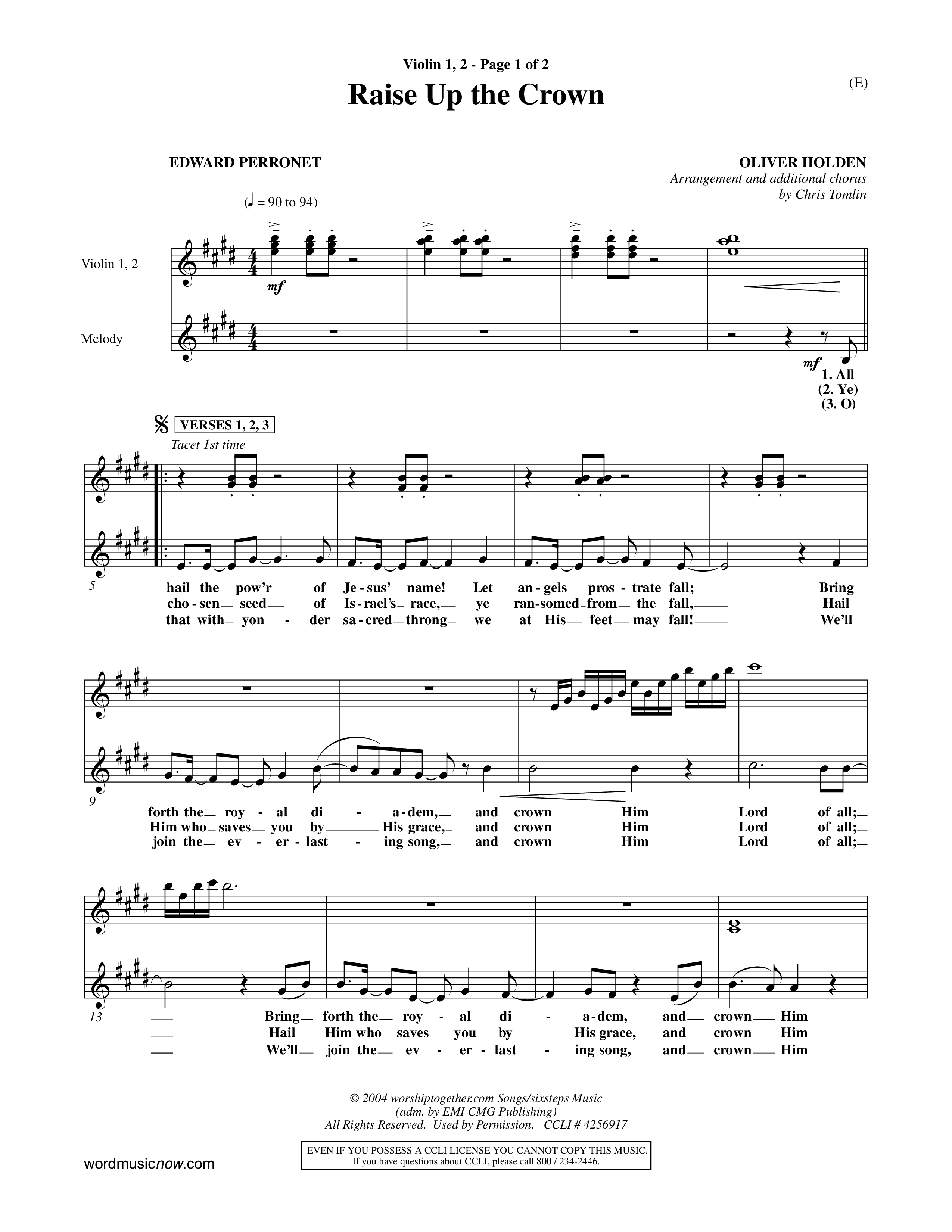 Raise Up The Crown (Choral Anthem SATB) Violin 1/2 (Word Music Choral / Orch. Dave Williamson)