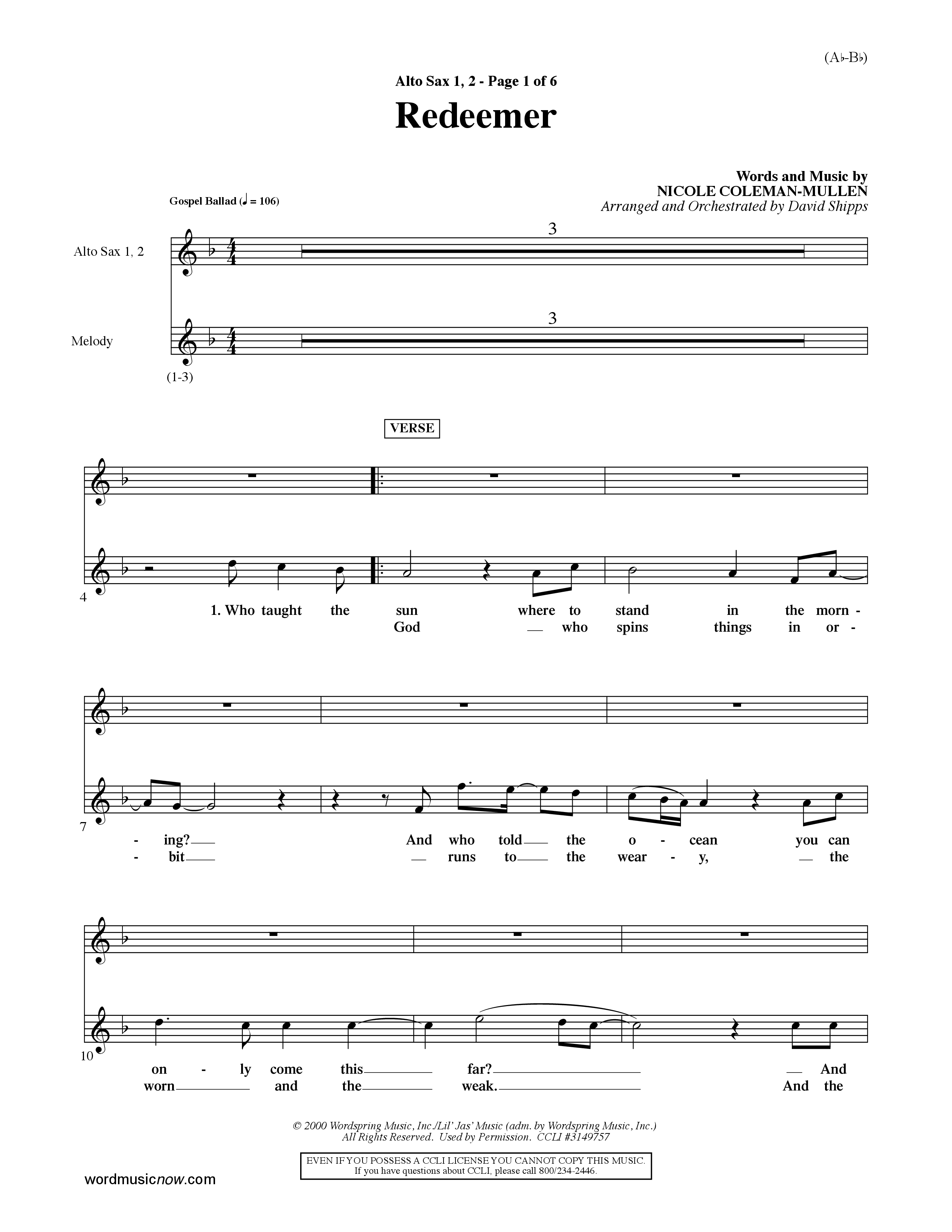 Redeemer (Choral Anthem SATB) Alto Sax 1/2 (Word Music Choral / Orch. David Shipps)