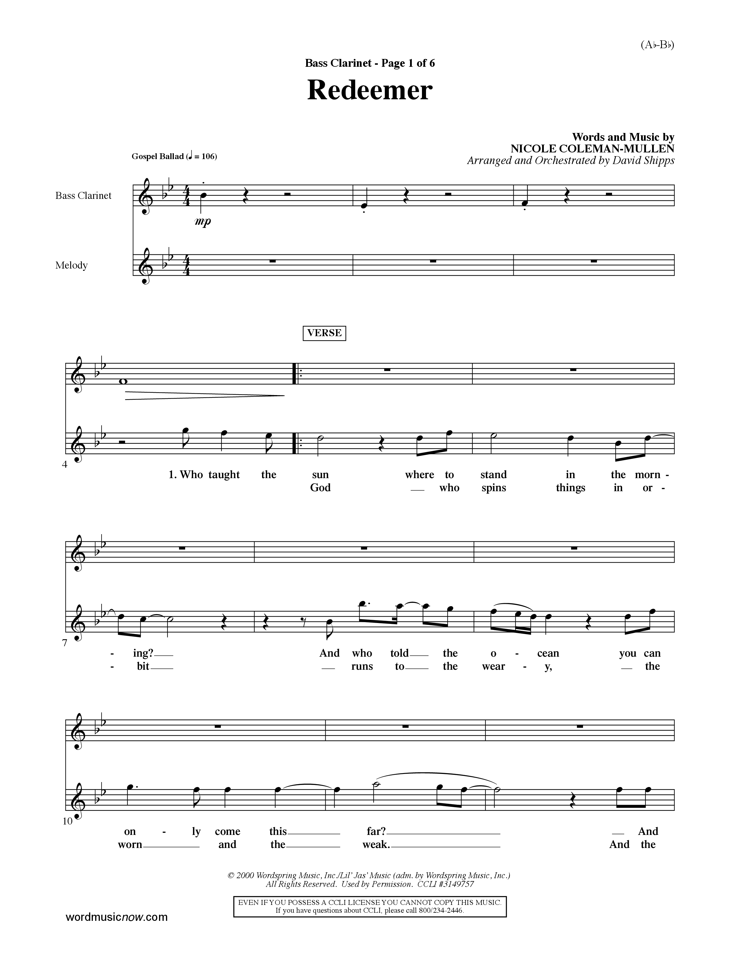 Redeemer (Choral Anthem SATB) Bass Clarinet (Word Music Choral / Orch. David Shipps)