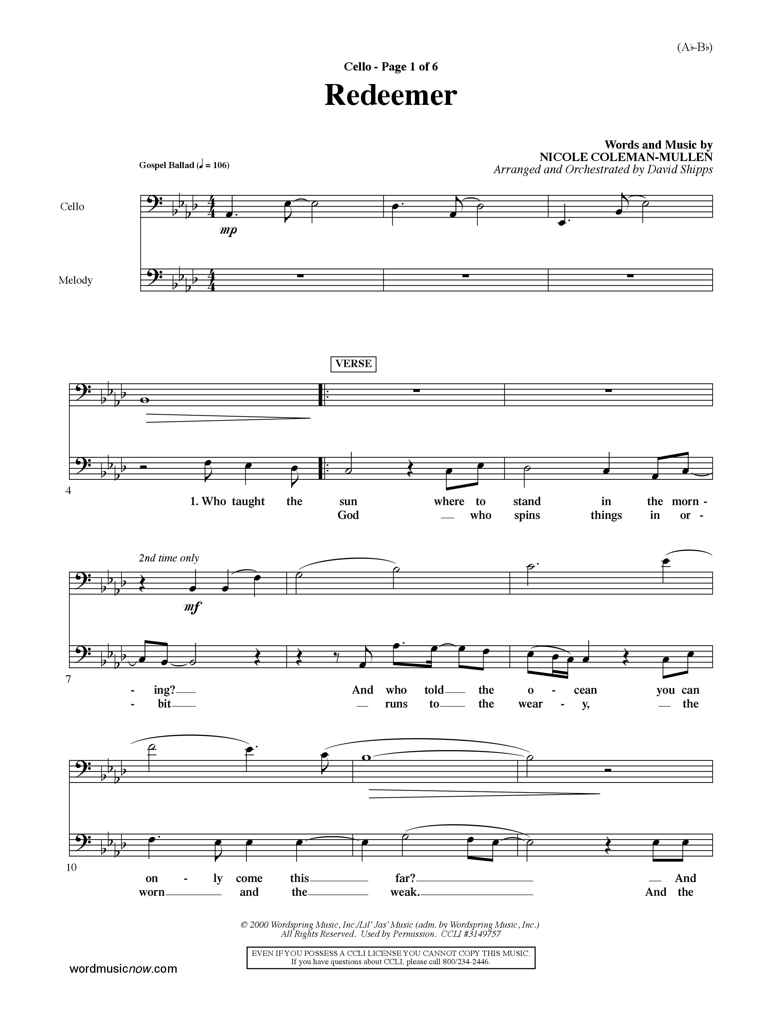 Redeemer (Choral Anthem SATB) Cello (Word Music Choral / Orch. David Shipps)
