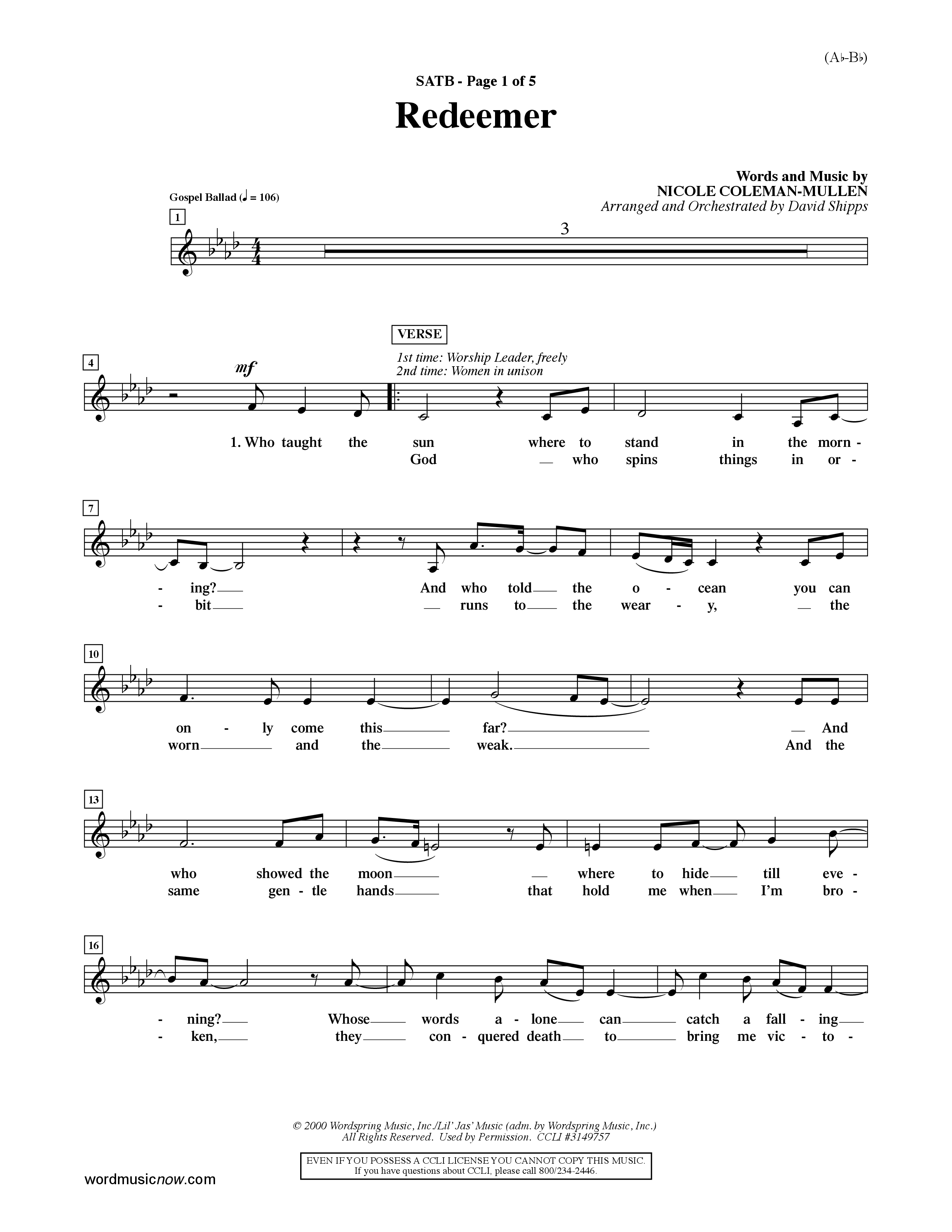 Redeemer (Choral Anthem SATB) Choir Sheet (SATB) (Word Music Choral / Orch. David Shipps)