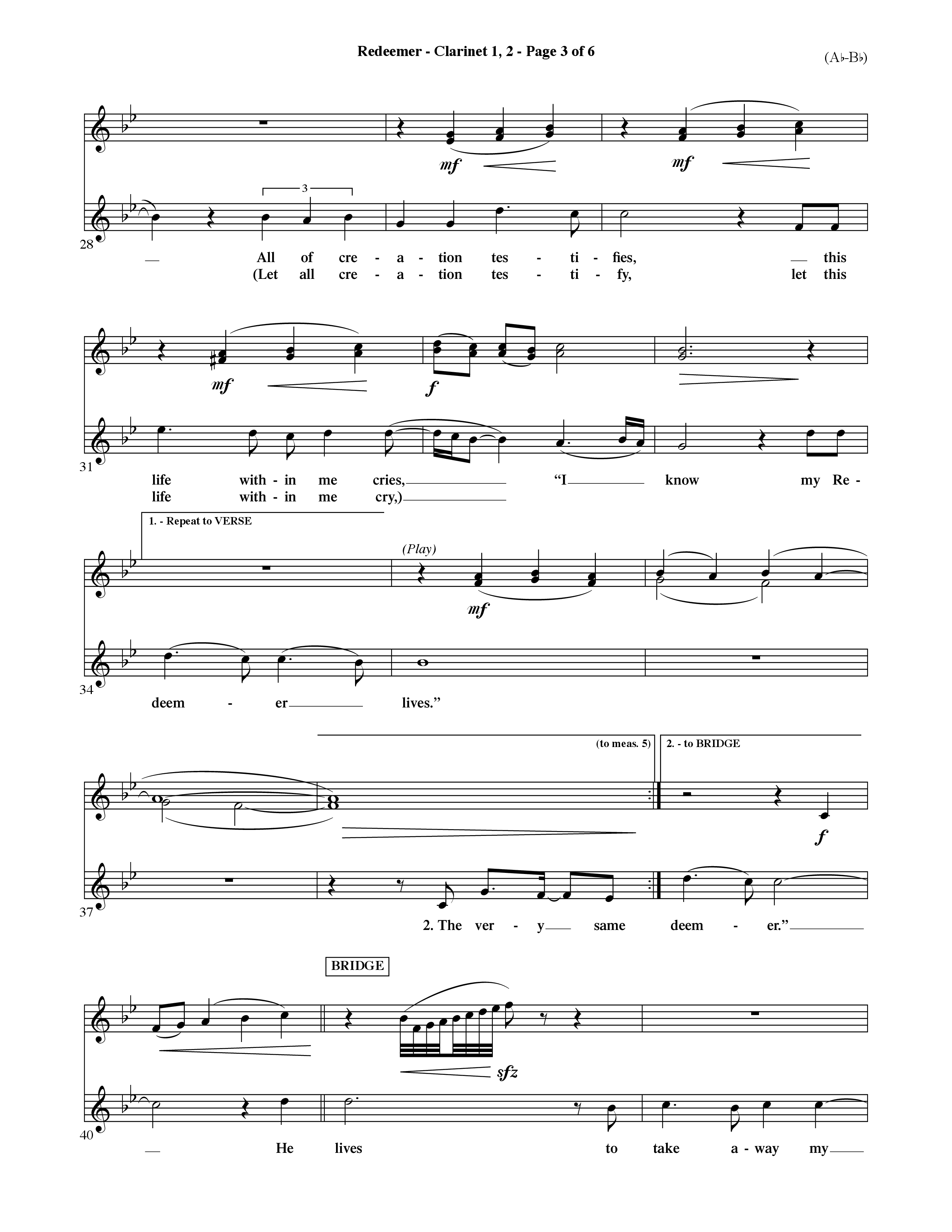 Redeemer (Choral Anthem SATB) Clarinet 1/2 (Word Music Choral / Orch. David Shipps)