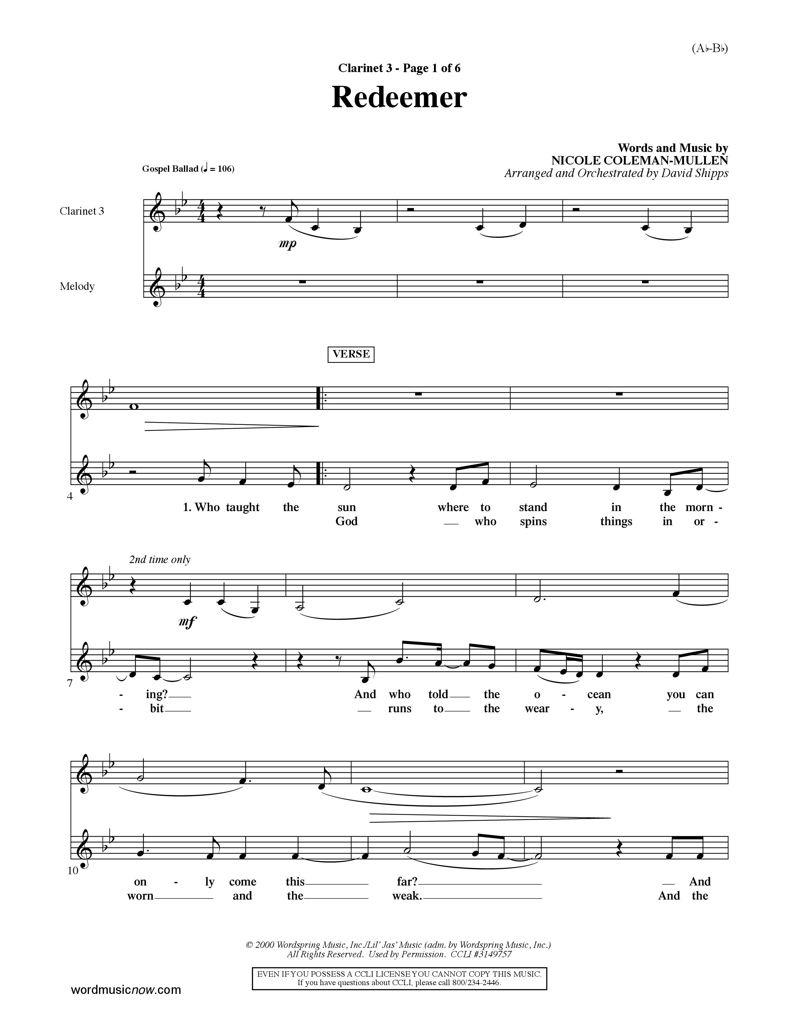 Redeemer (Choral Anthem SATB) Clarinet 3 (Word Music Choral / Orch. David Shipps)