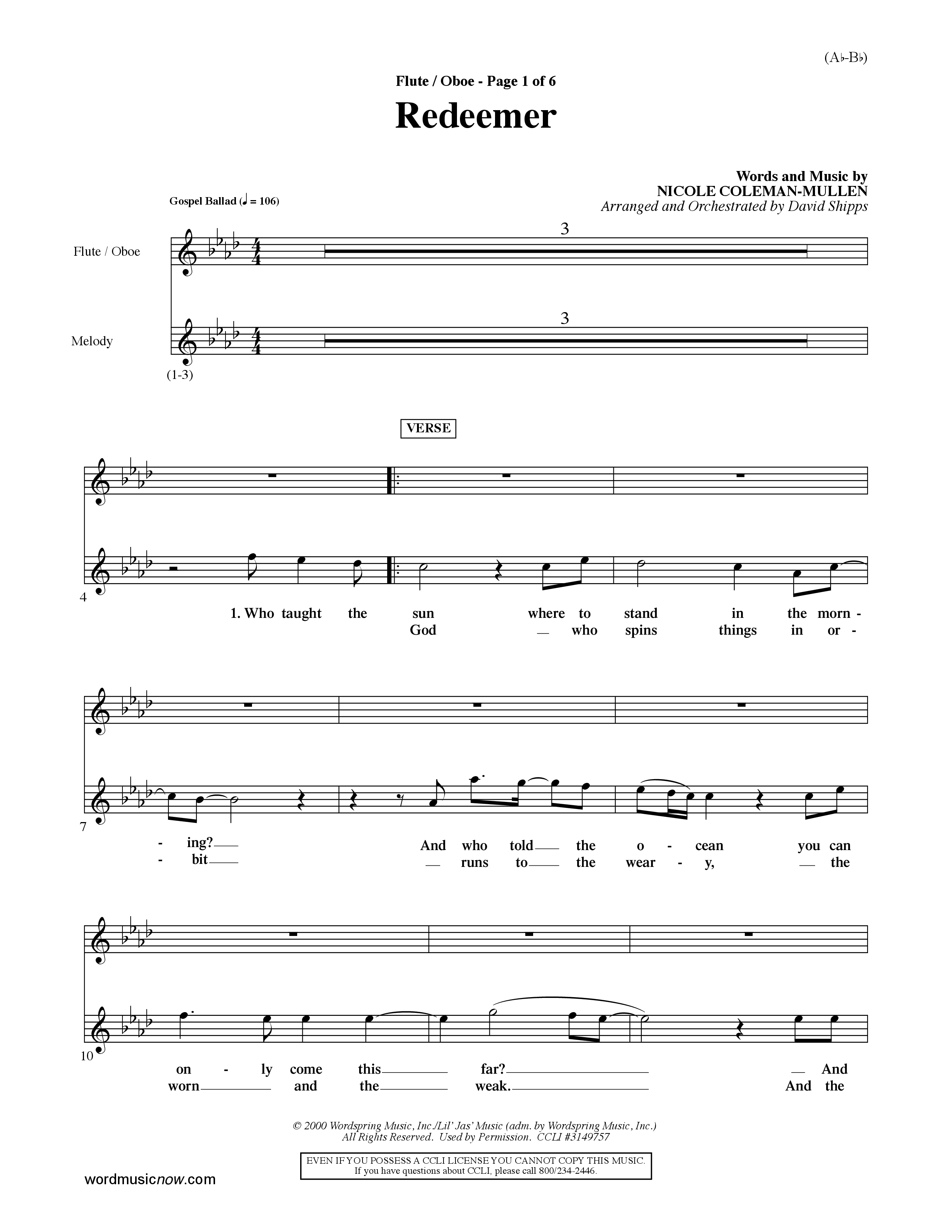 Redeemer (Choral Anthem SATB) Flute/Oboe (Word Music Choral / Orch. David Shipps)