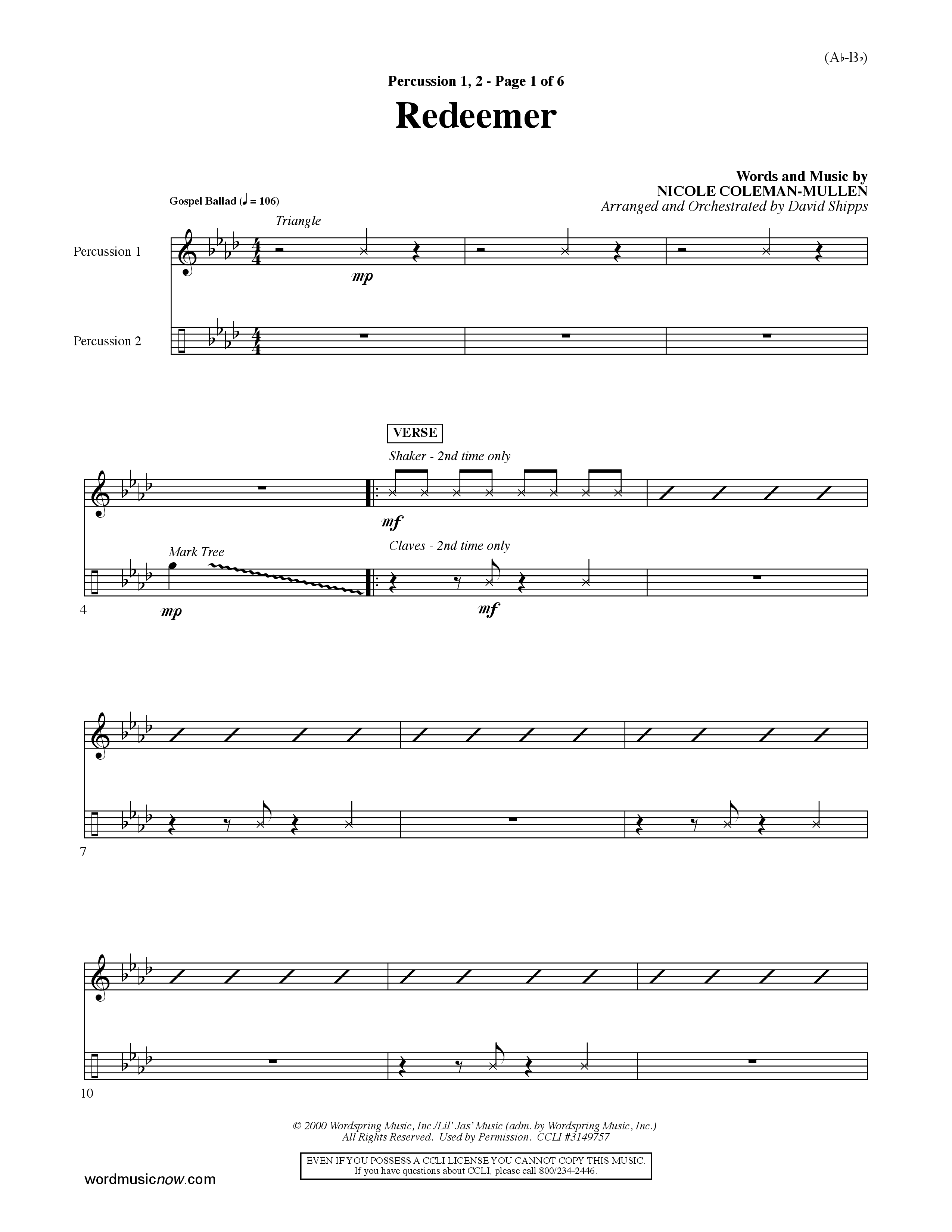Redeemer (Choral Anthem SATB) Percussion 1/2 (Word Music Choral / Orch. David Shipps)