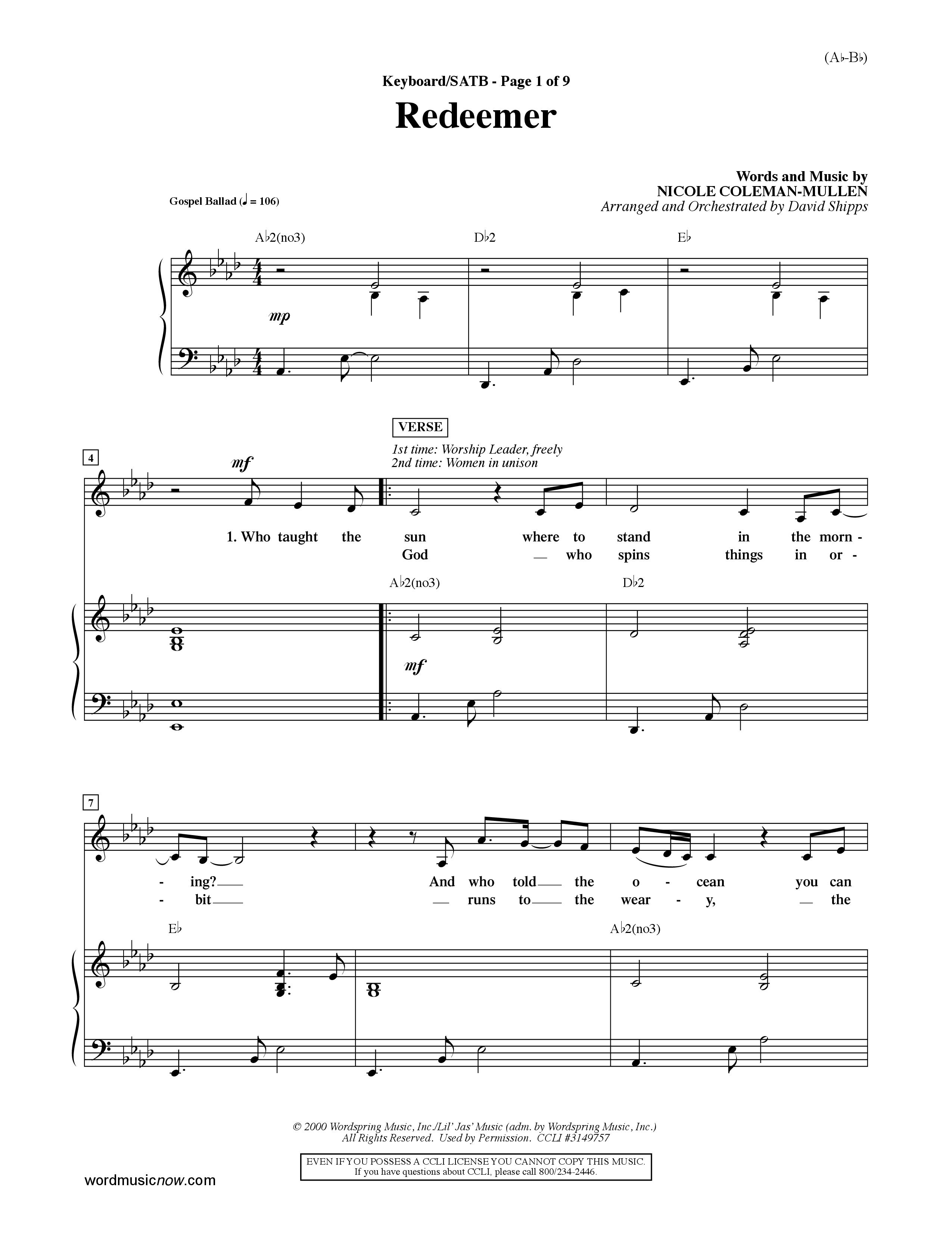 Redeemer (Choral Anthem SATB) Keyboard/Vocal (SATB) (Word Music Choral / Orch. David Shipps)