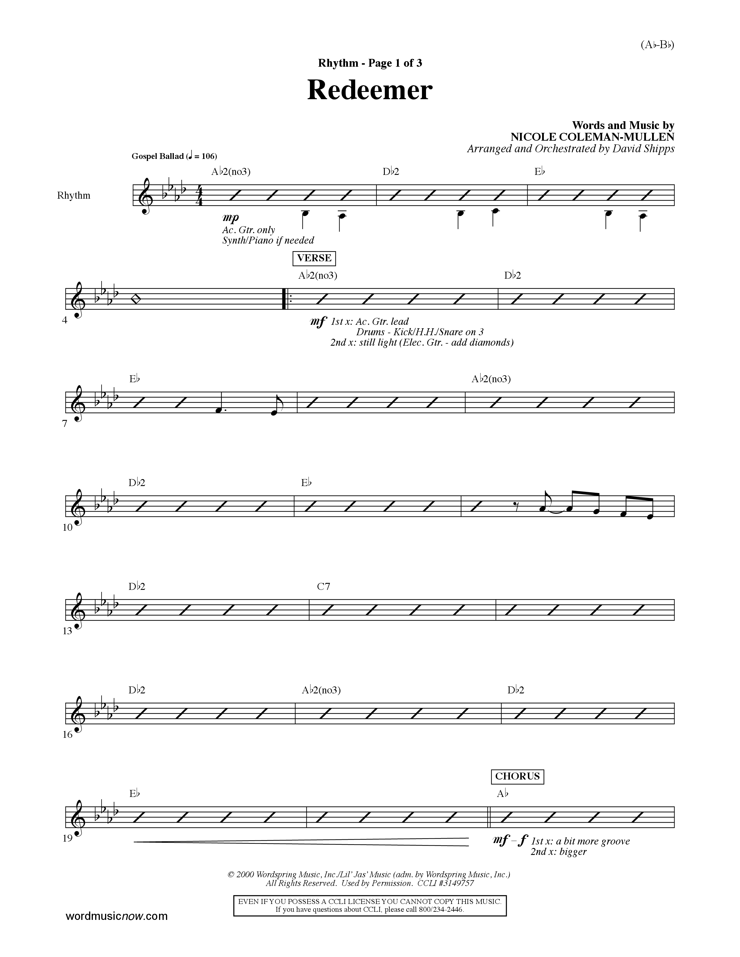 Redeemer (Choral Anthem SATB) Rhythm Chart (Word Music Choral / Orch. David Shipps)