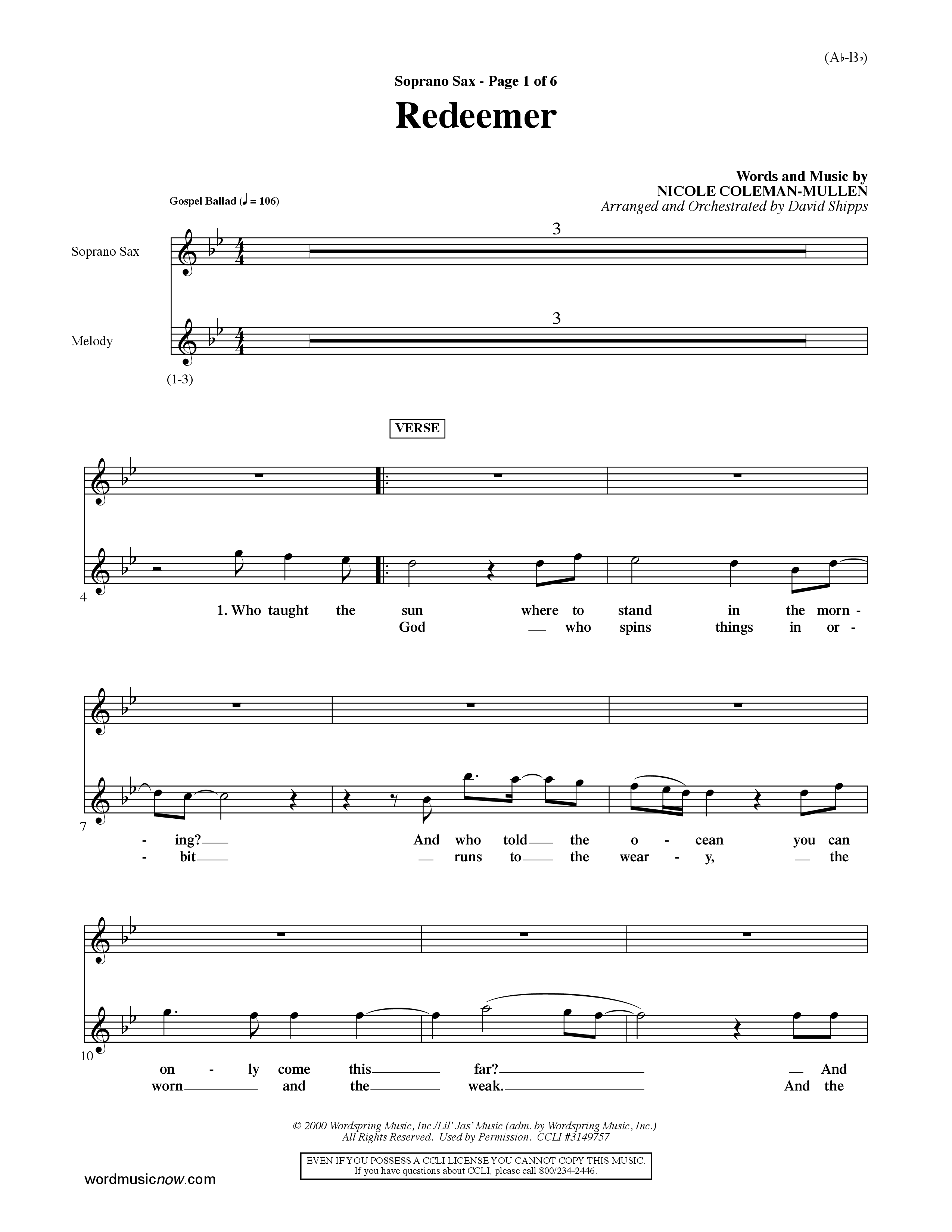 Redeemer (Choral Anthem SATB) Saxophone (Word Music Choral / Orch. David Shipps)