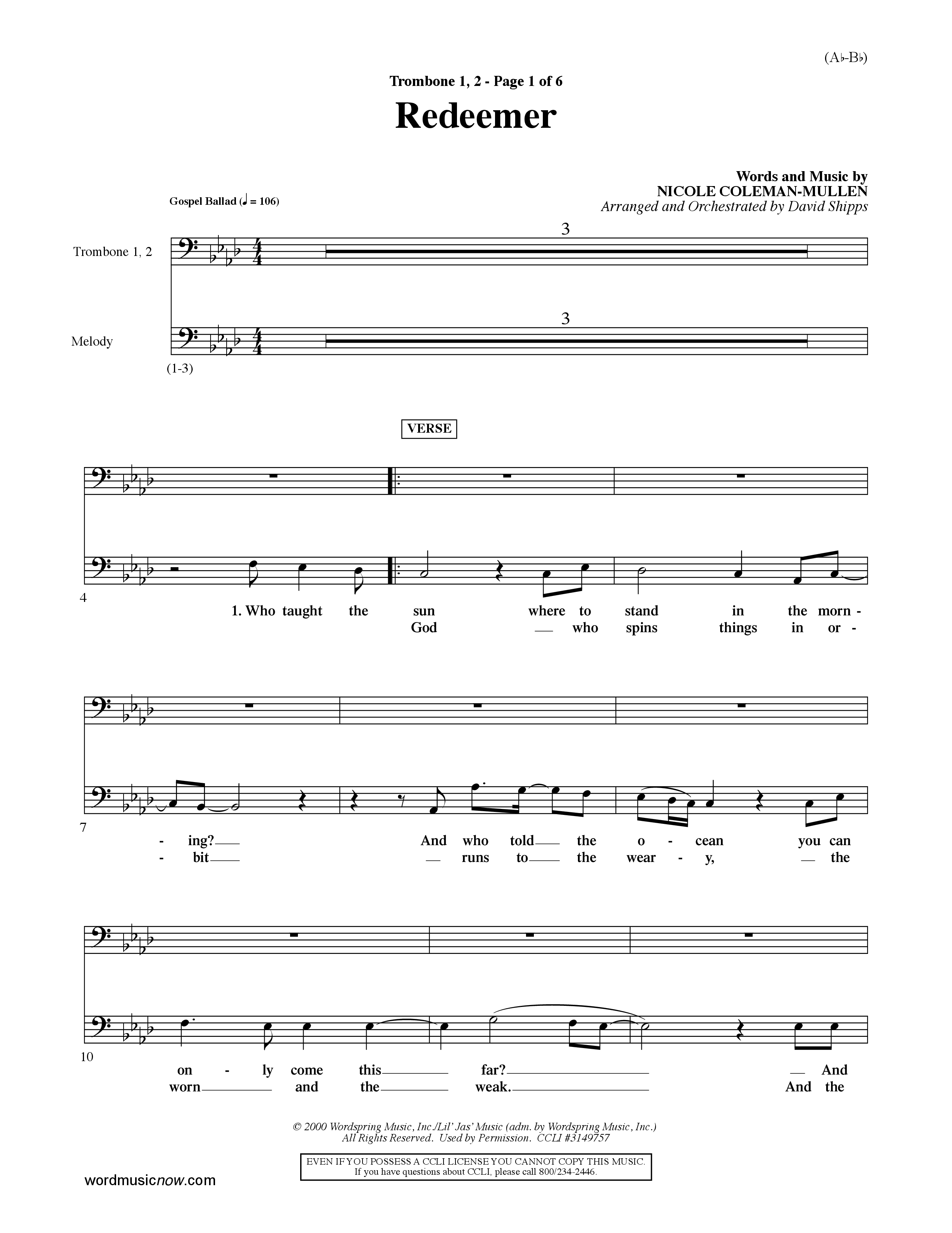 Redeemer (Choral Anthem SATB) Trombone 1/2 (Word Music Choral / Orch. David Shipps)