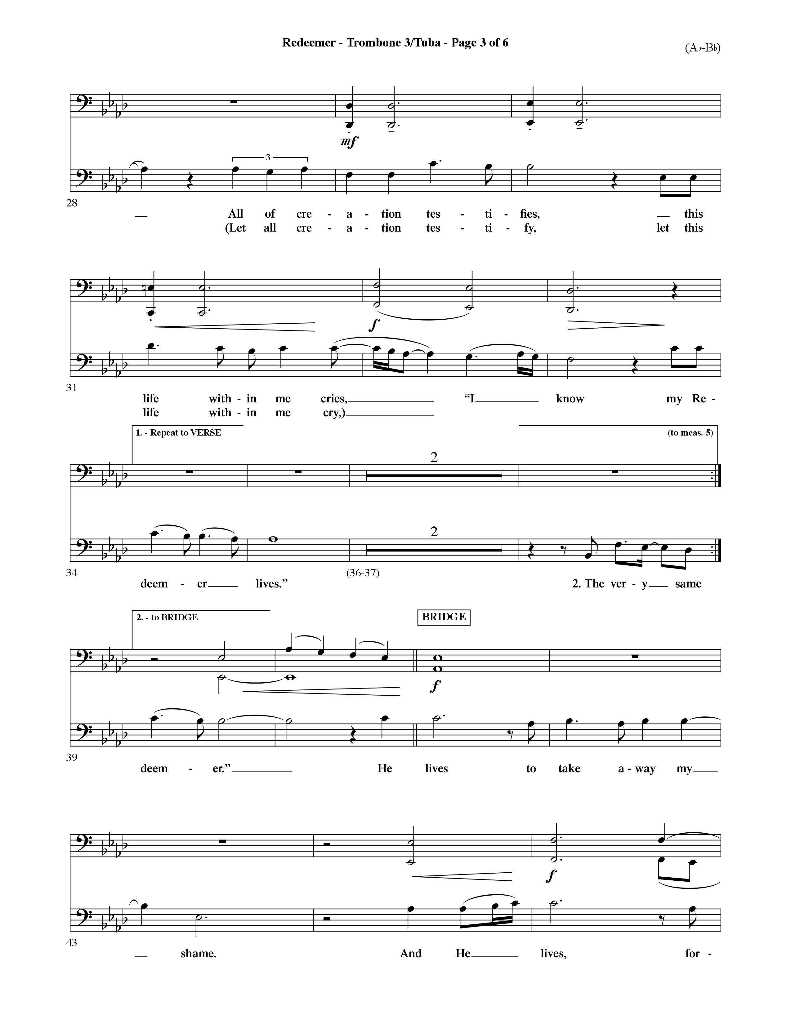 Redeemer (Choral Anthem SATB) Trombone 3/Tuba (Word Music Choral / Orch. David Shipps)