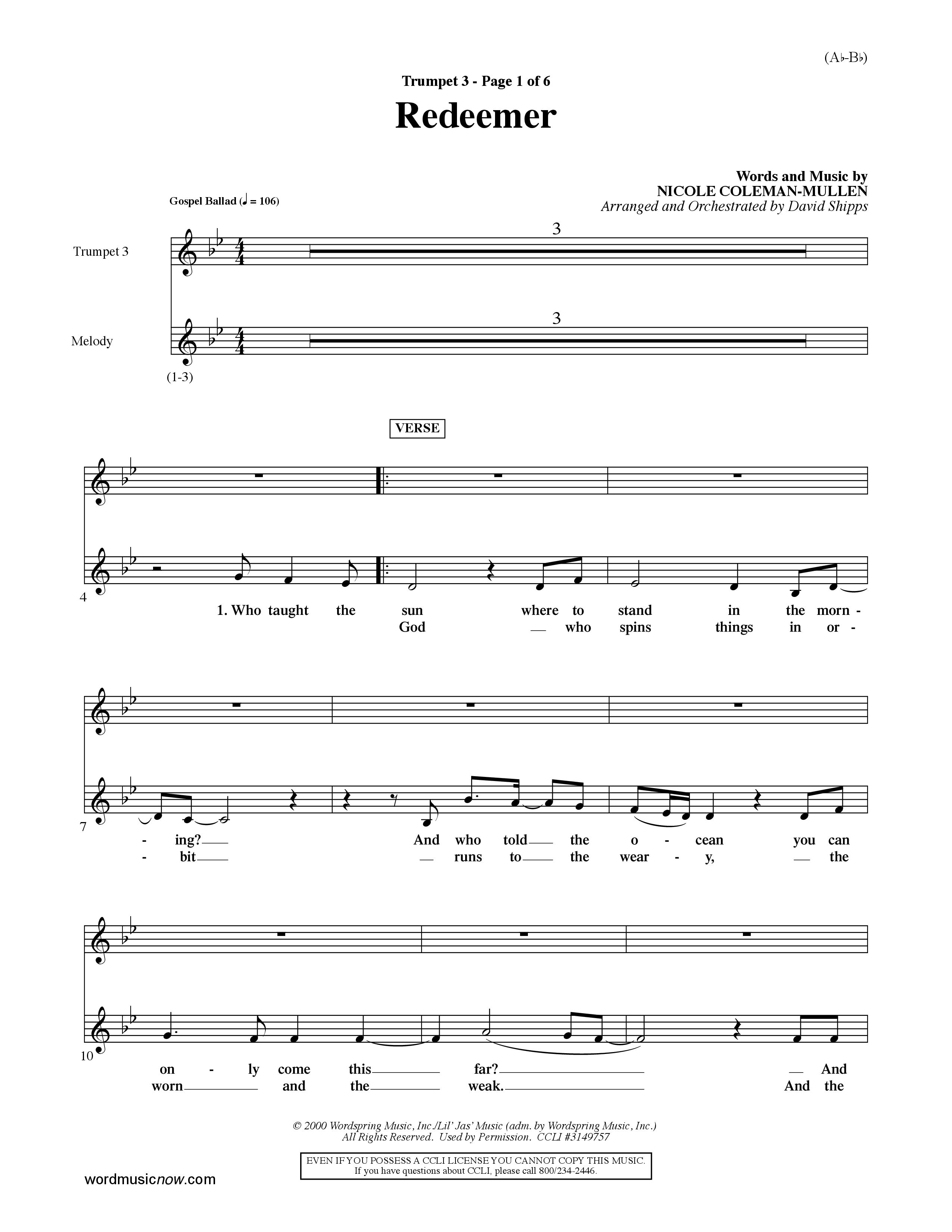 Redeemer (Choral Anthem SATB) Trumpet 3 (Word Music Choral / Orch. David Shipps)