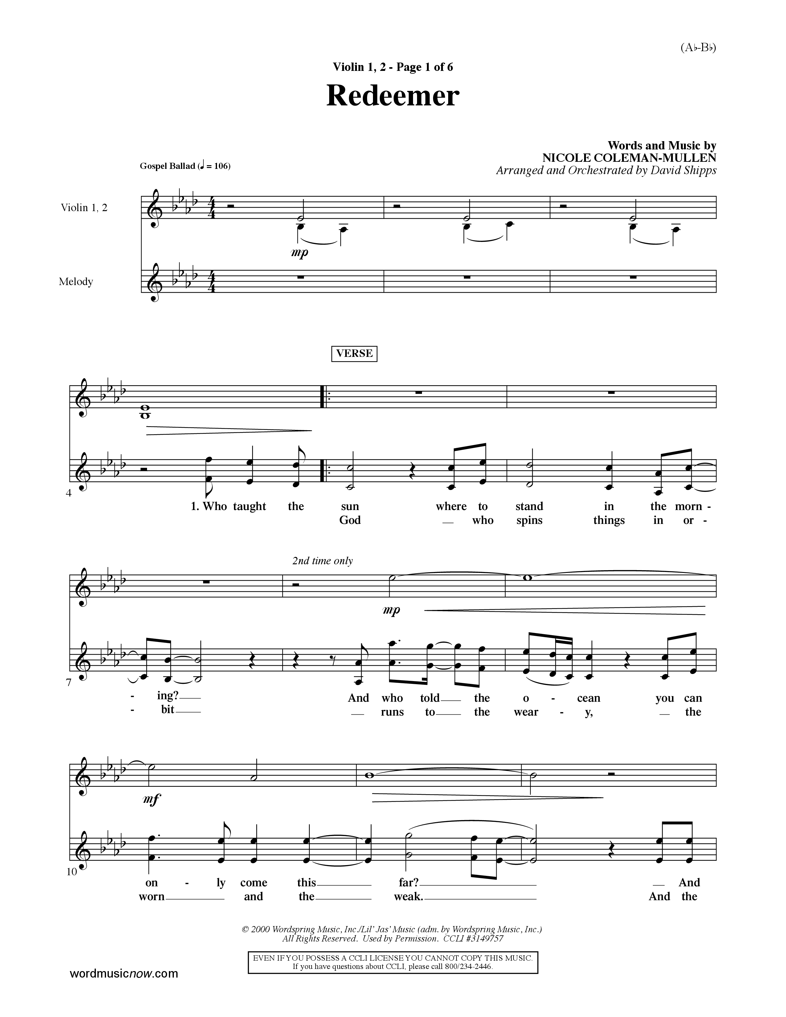 Redeemer (Choral Anthem SATB) Violin 1/2 (Word Music Choral / Orch. David Shipps)