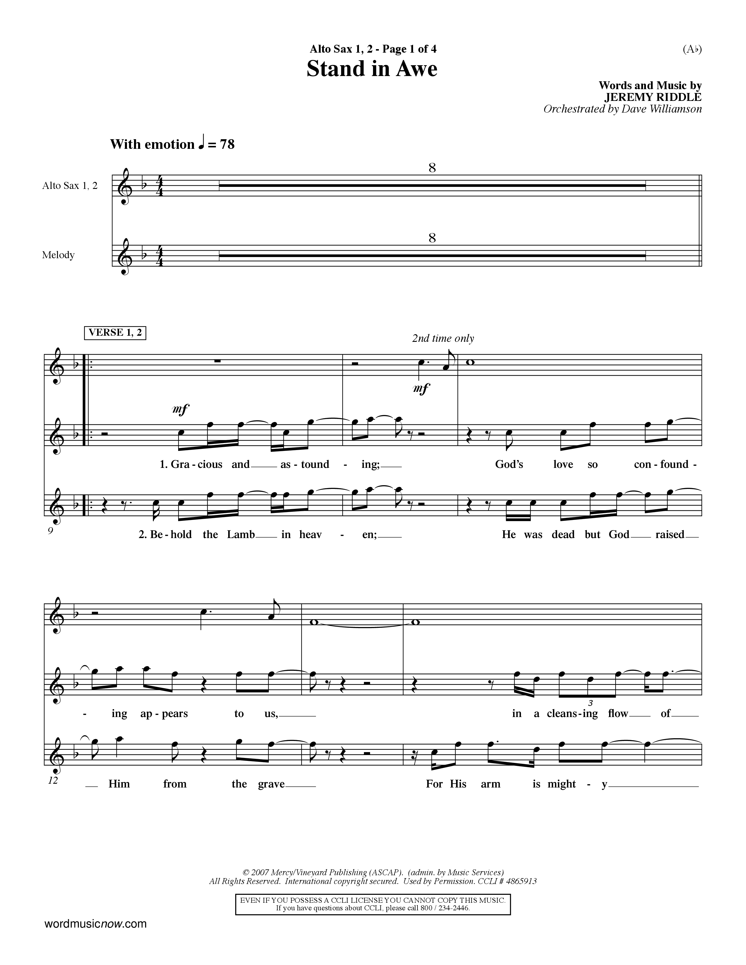 Stand In Awe (Choral Anthem SATB) Alto Sax 1/2 (Word Music Choral / Orch. Dave Williamson)