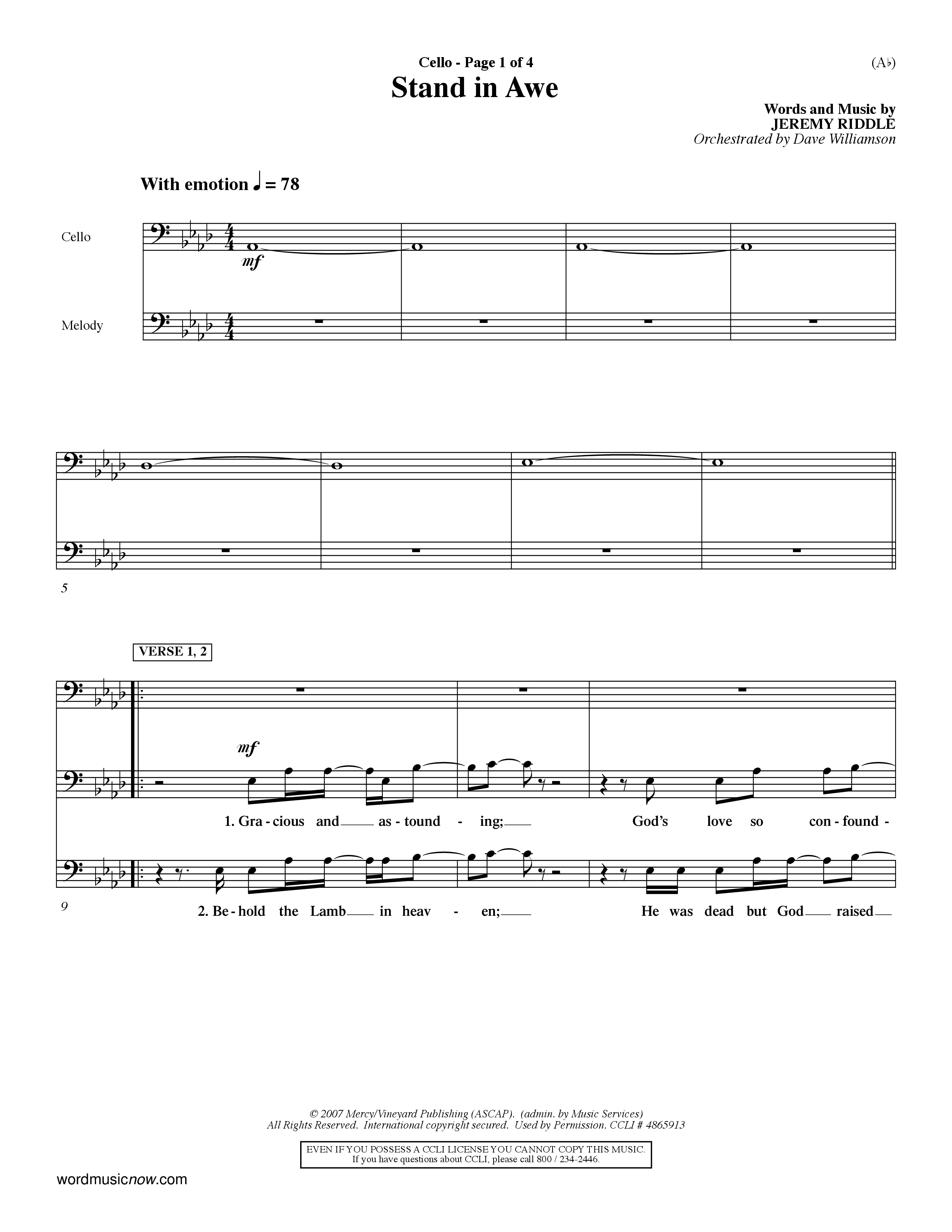 Stand In Awe (Choral Anthem SATB) Cello (Word Music Choral / Orch. Dave Williamson)