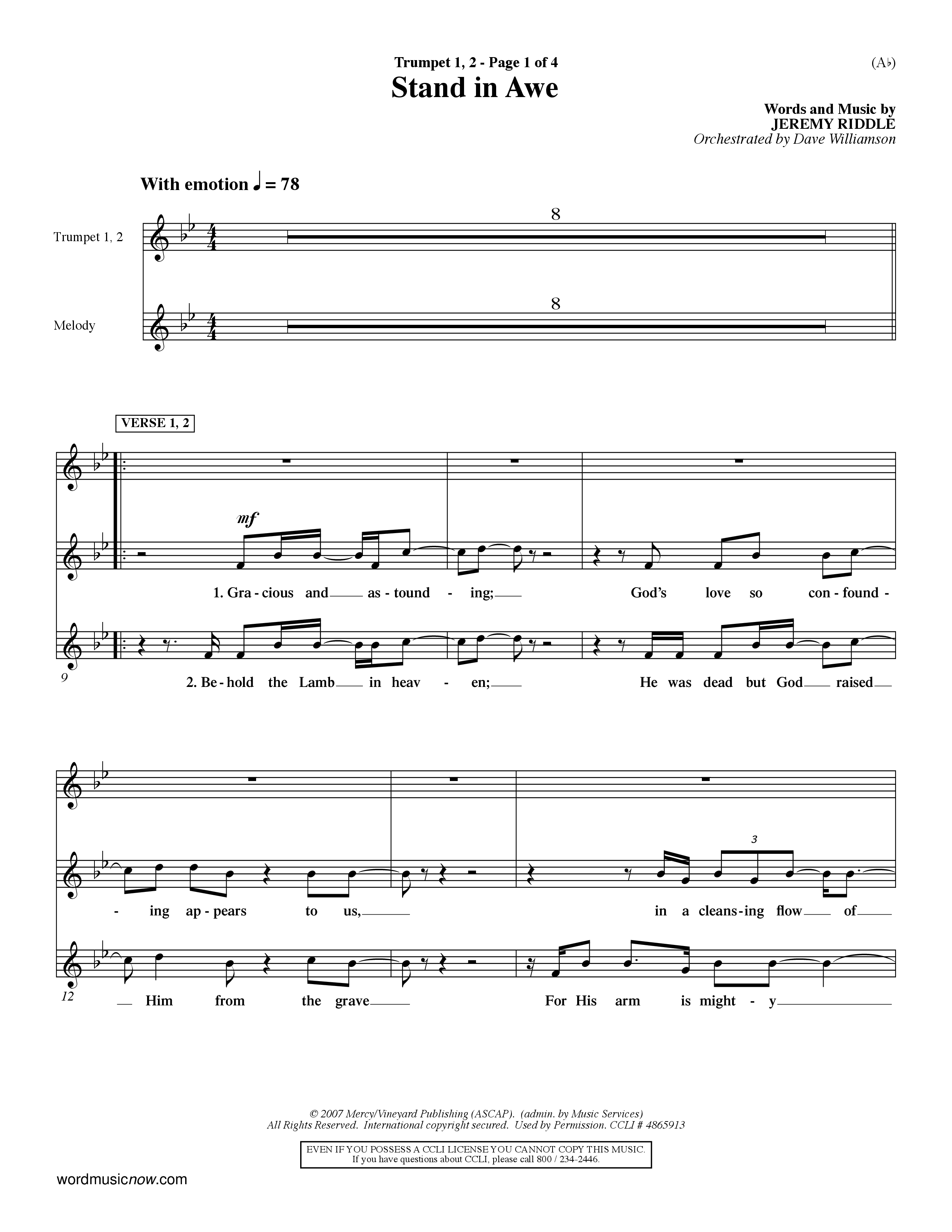 Stand In Awe (Choral Anthem SATB) Trumpet 1,2 (Word Music Choral / Orch. Dave Williamson)