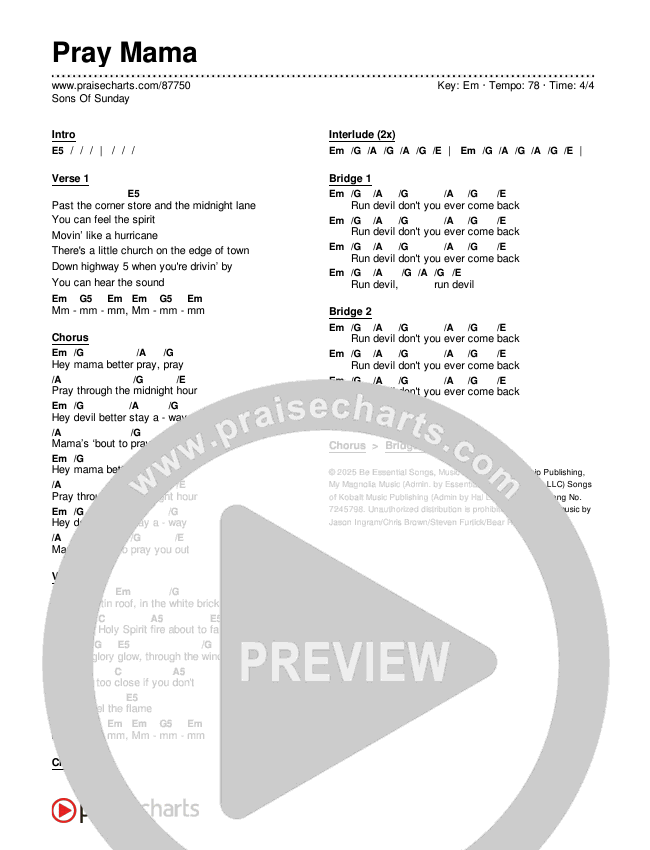 Pray Mama Chords & Lyrics (Sons Of Sunday)