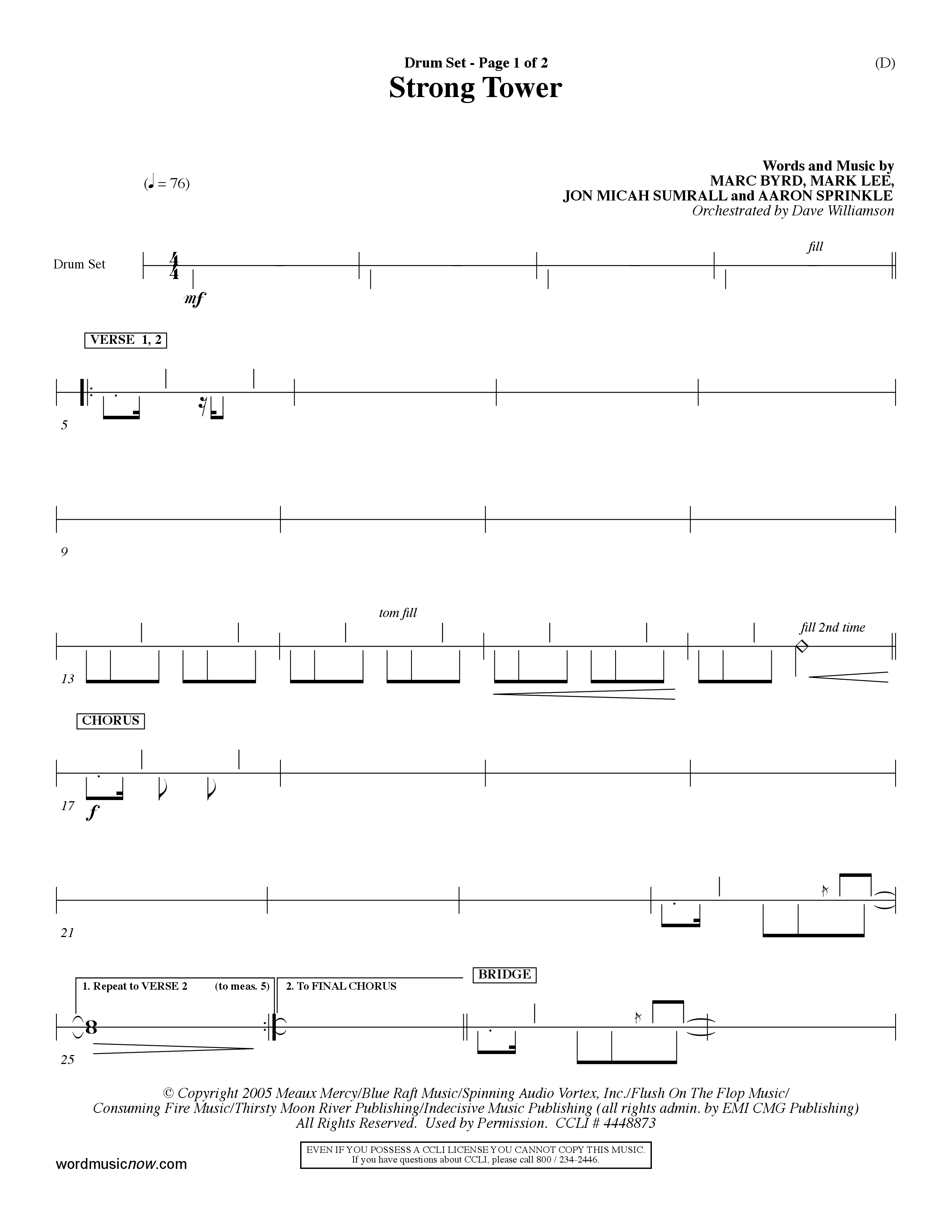 Strong Tower (Choral Anthem SATB) Drum Set (Word Music Choral / Orch. Dave Williamson)