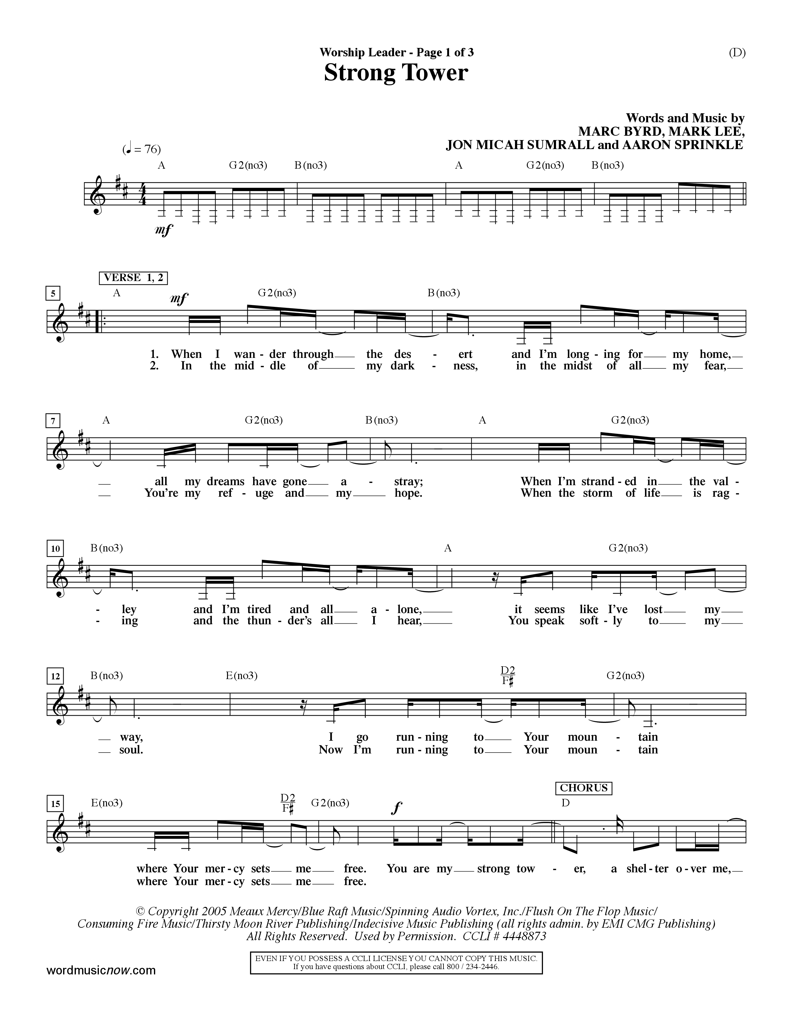 Strong Tower (Choral Anthem SATB) Lead Sheet (Mel) (Word Music Choral / Orch. Dave Williamson)