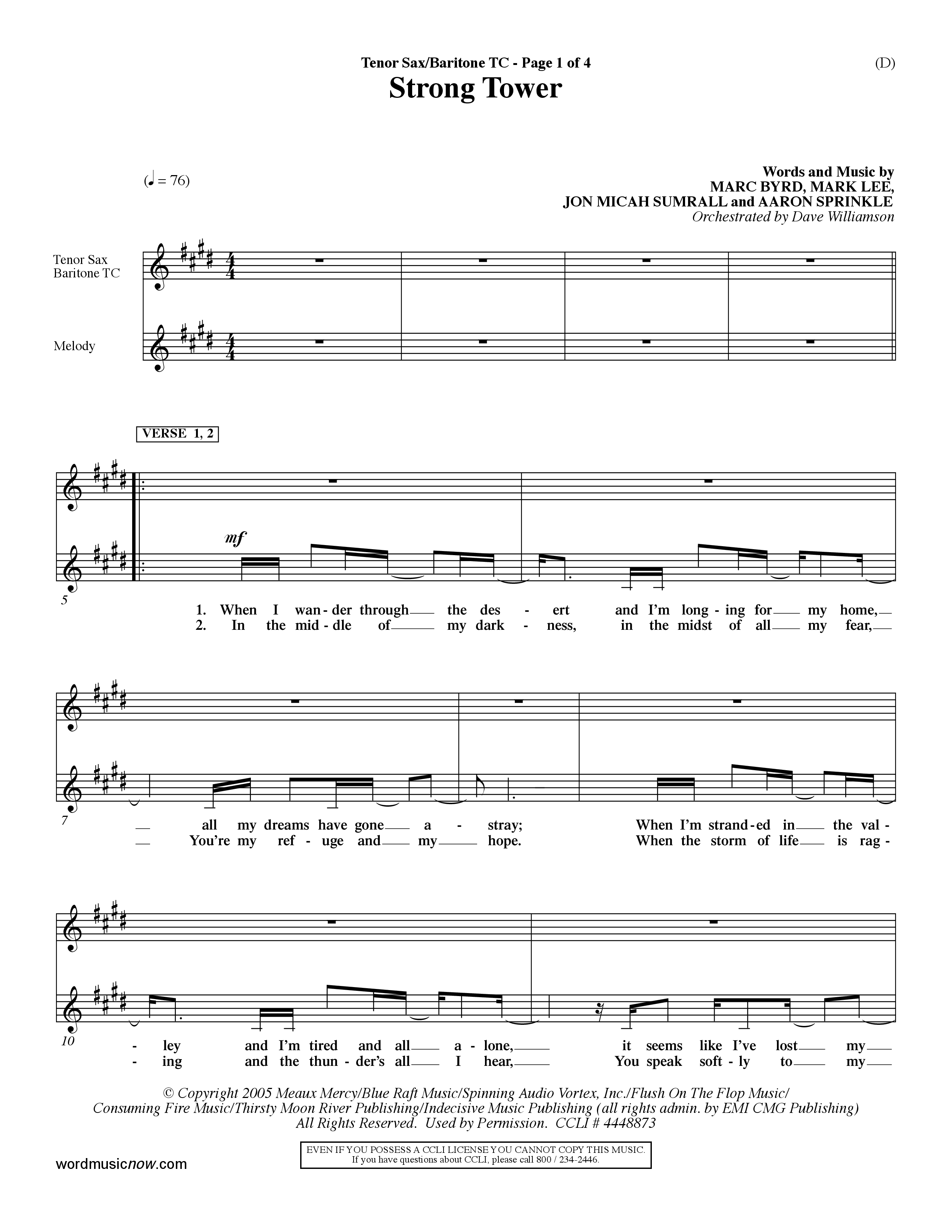 Strong Tower (Choral Anthem SATB) Tenor Sax/Baritone T.C. (Word Music Choral / Orch. Dave Williamson)