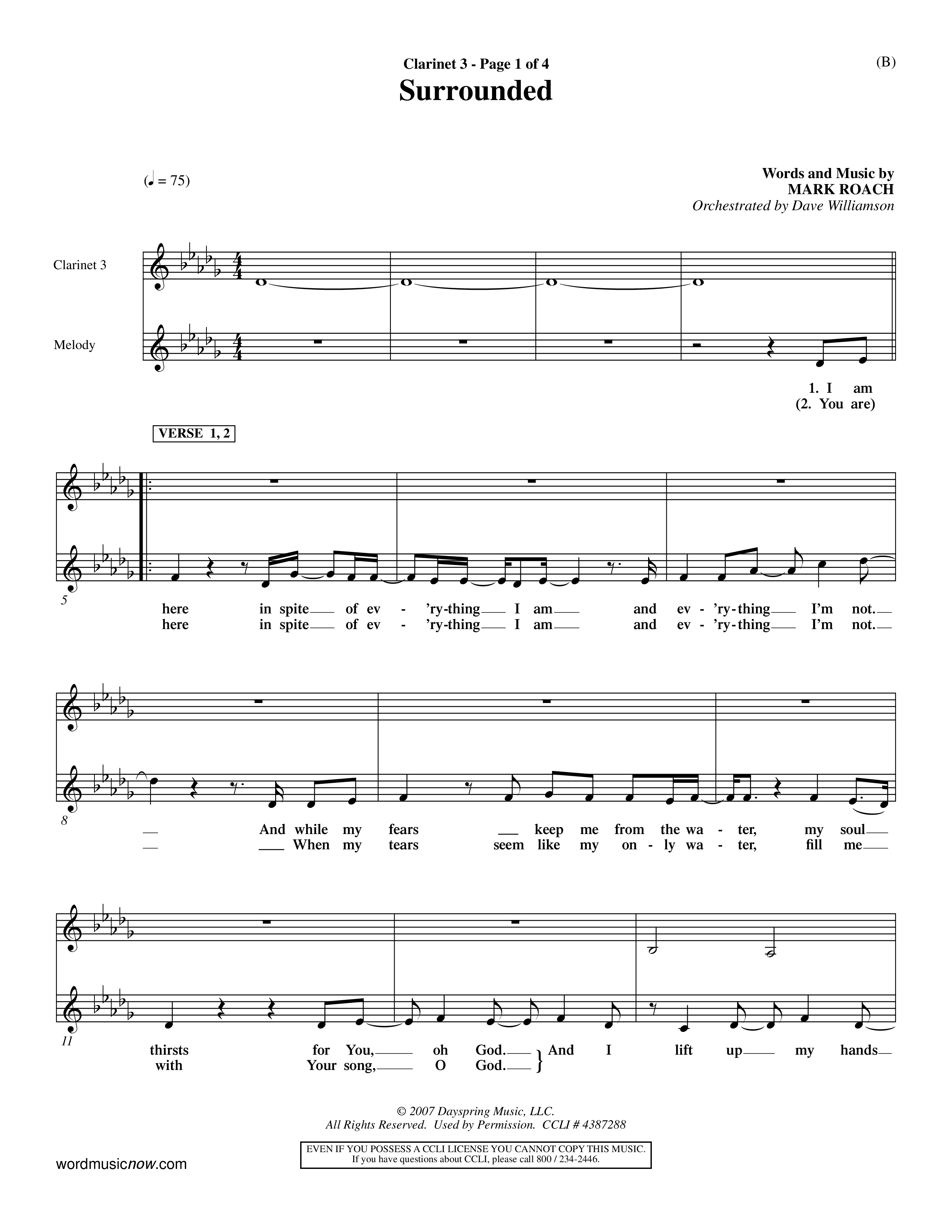 Surrounded (Choral Anthem SATB) Clarinet 3 (Word Music Choral / Orch. Dave Williamson)