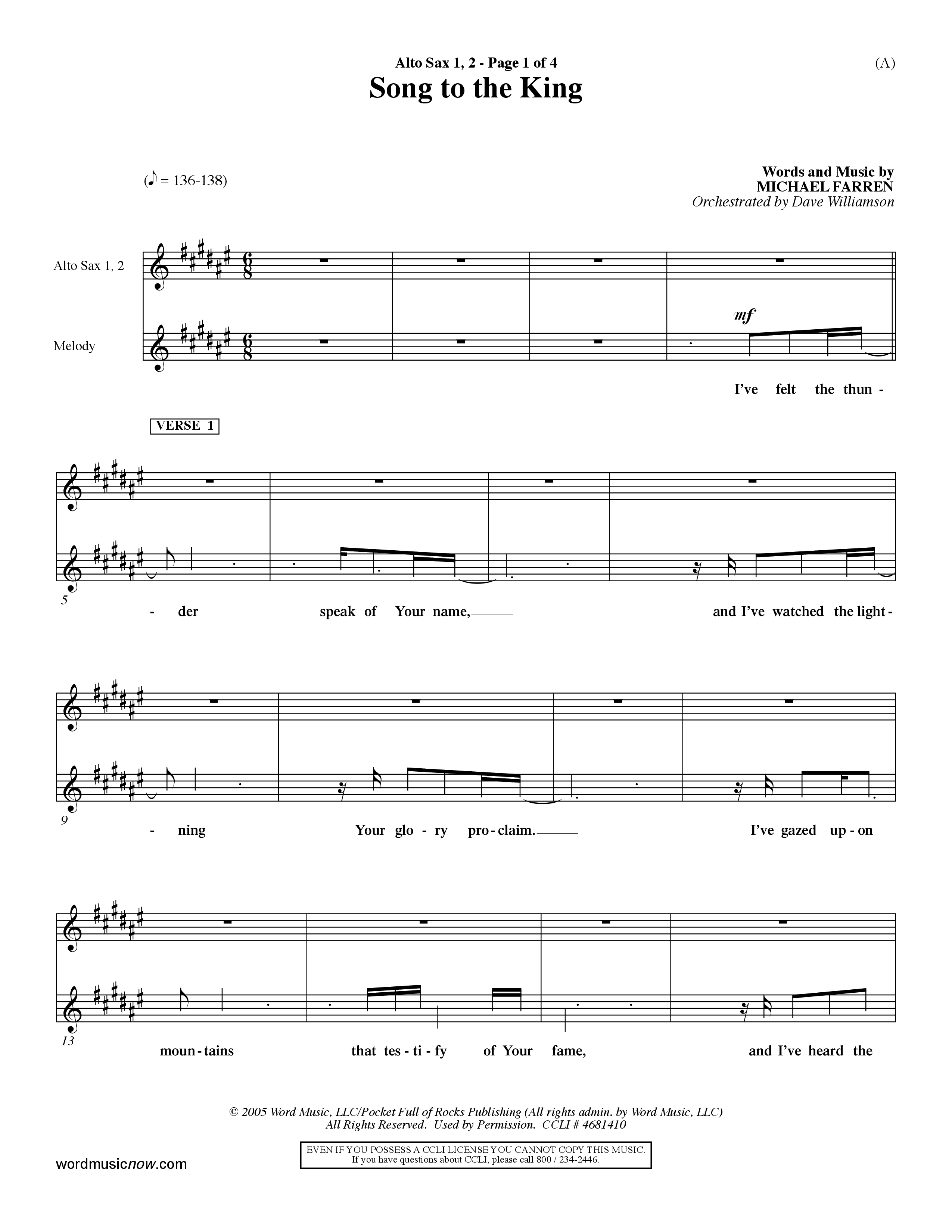 Song To The King (Choral Anthem SATB) Alto Sax 1/2 (Word Music Choral / Orch. Dave Williamson)