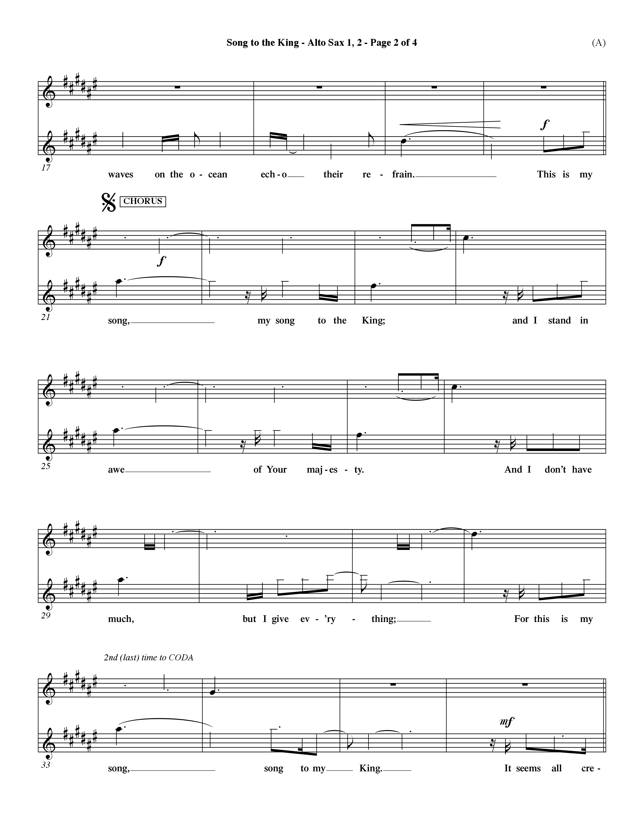 Song To The King (Choral Anthem SATB) Alto Sax 1/2 (Word Music Choral / Orch. Dave Williamson)