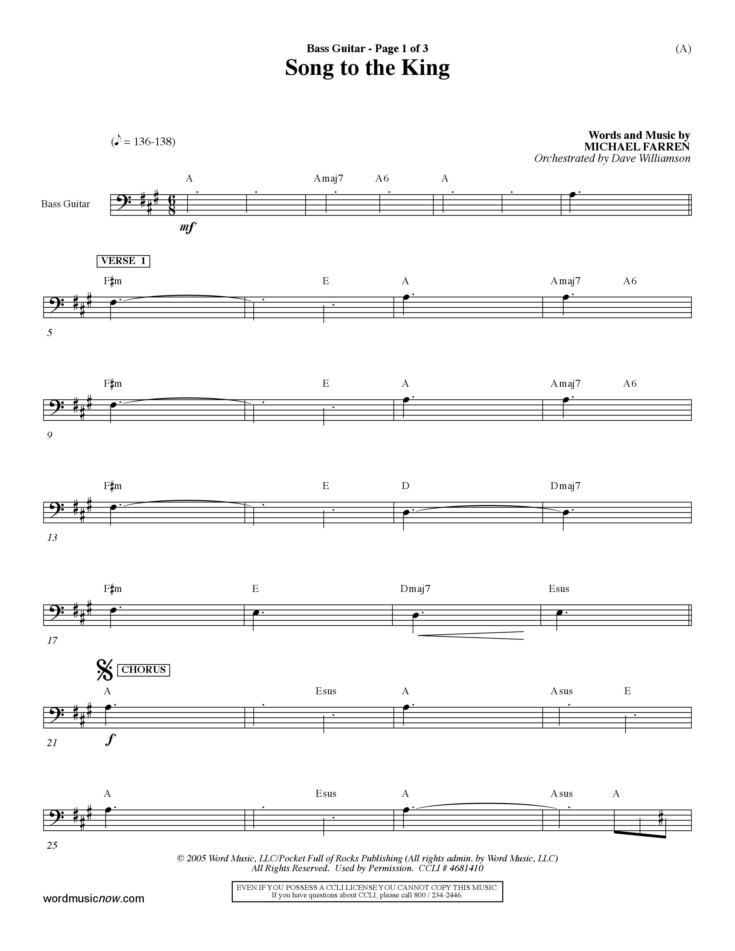 Song To The King (Choral Anthem SATB) Bass Guitar (Word Music Choral / Orch. Dave Williamson)