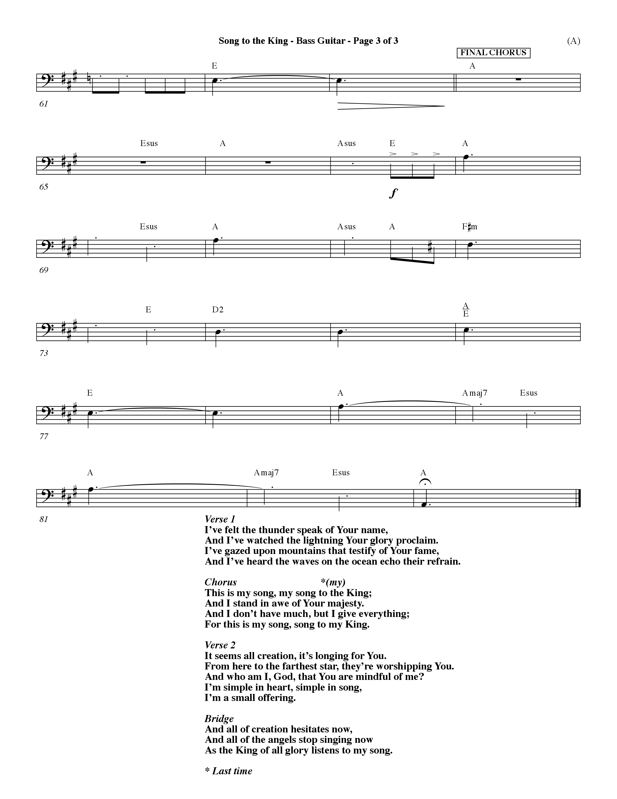 Song To The King (Choral Anthem SATB) Bass Guitar (Word Music Choral / Orch. Dave Williamson)