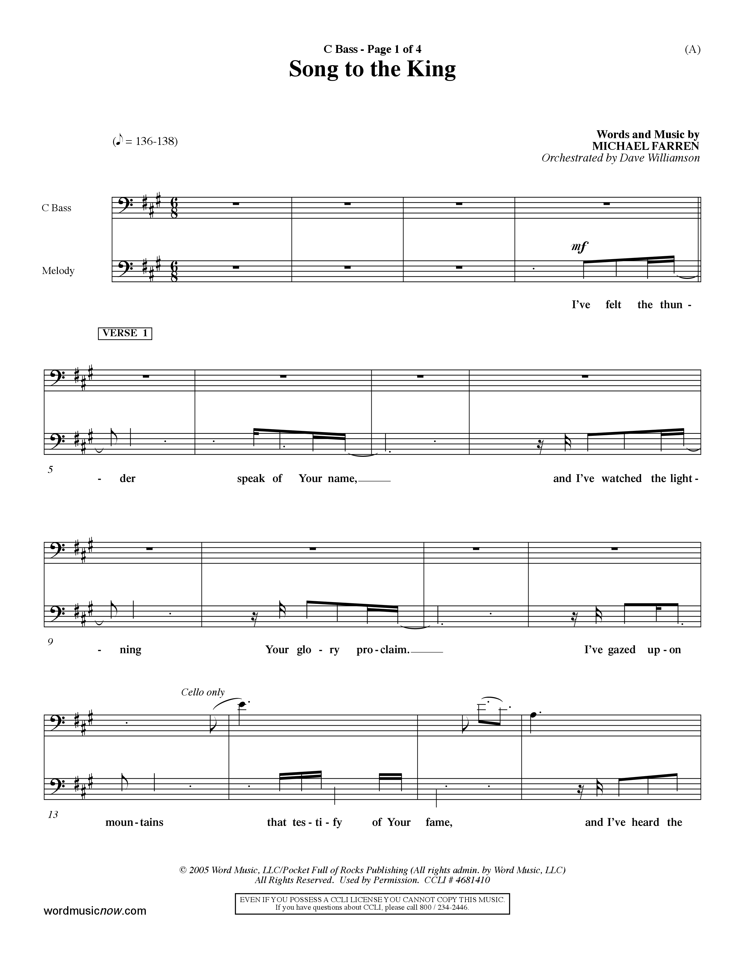 Song To The King (Choral Anthem SATB) Contrabass (Word Music Choral / Orch. Dave Williamson)