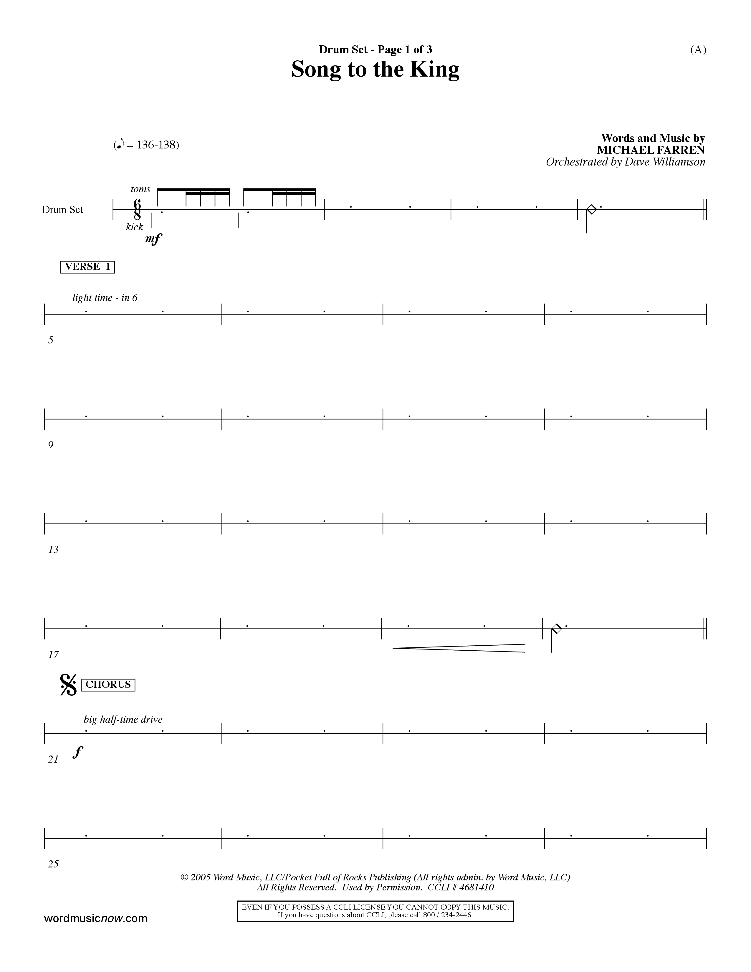 Song To The King (Choral Anthem SATB) Drum Set (Word Music Choral / Orch. Dave Williamson)