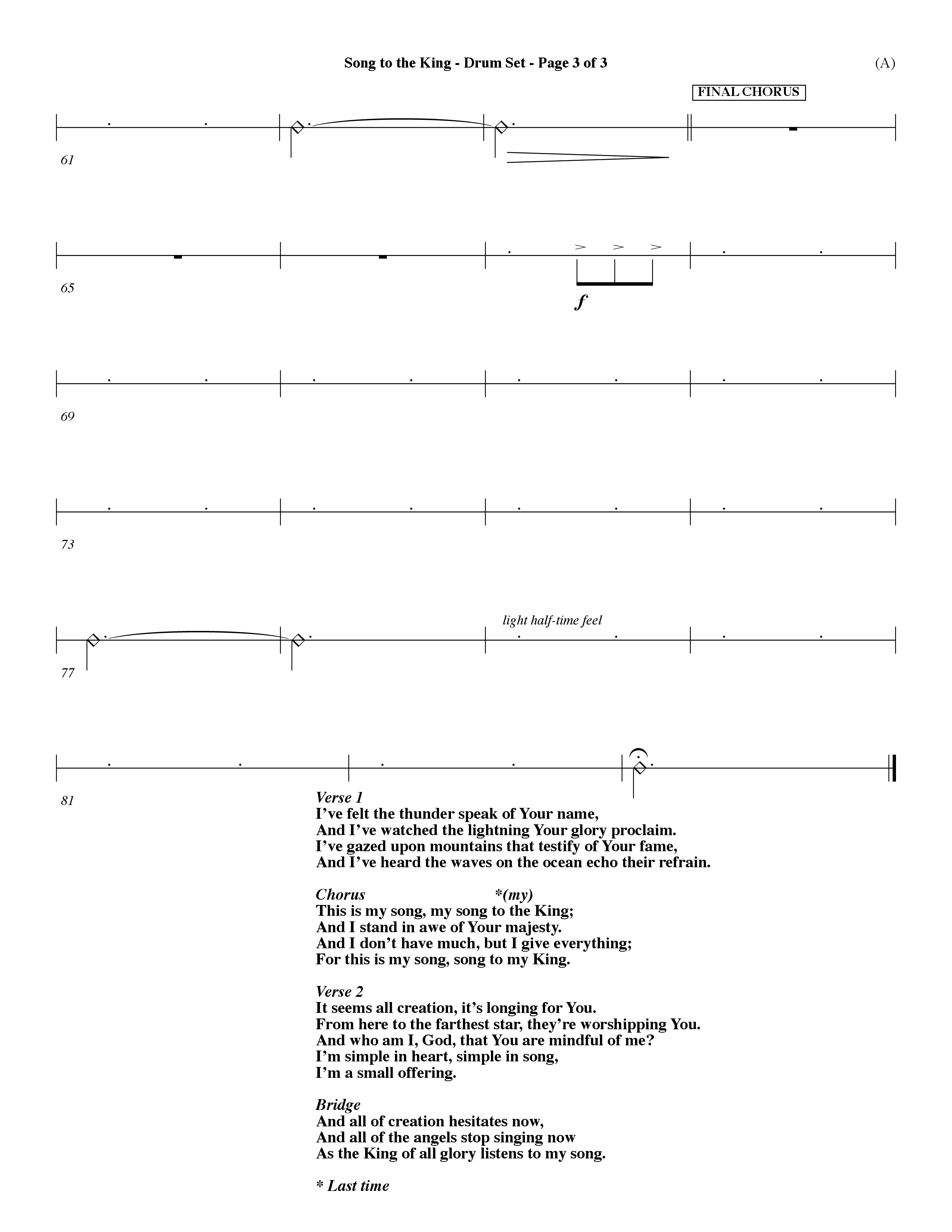 Song To The King (Choral Anthem SATB) Drum Set (Word Music Choral / Orch. Dave Williamson)