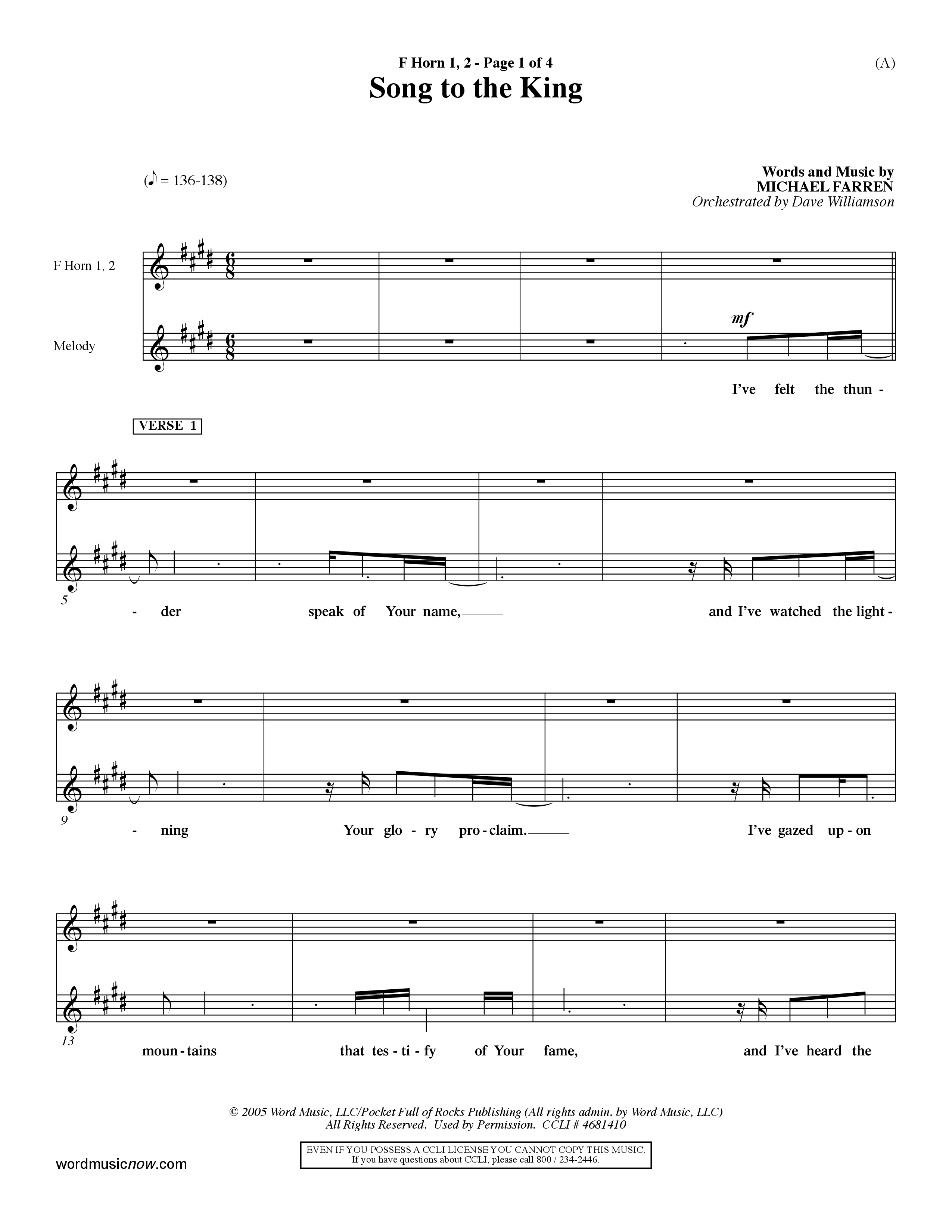 Song To The King (Choral Anthem SATB) French Horn (Word Music Choral / Orch. Dave Williamson)