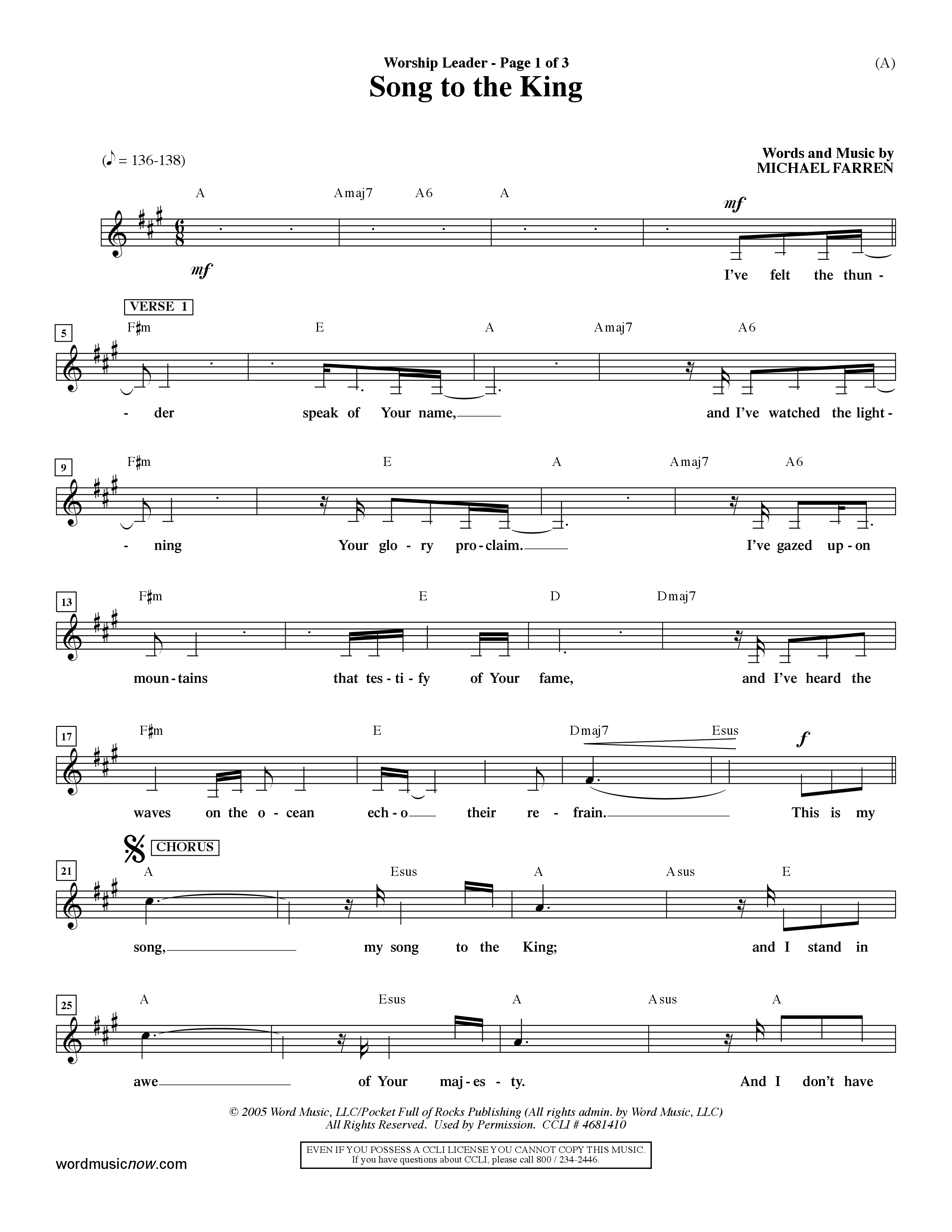 Song To The King (Choral Anthem SATB) Lead Sheet (Mel) (Word Music Choral / Orch. Dave Williamson)