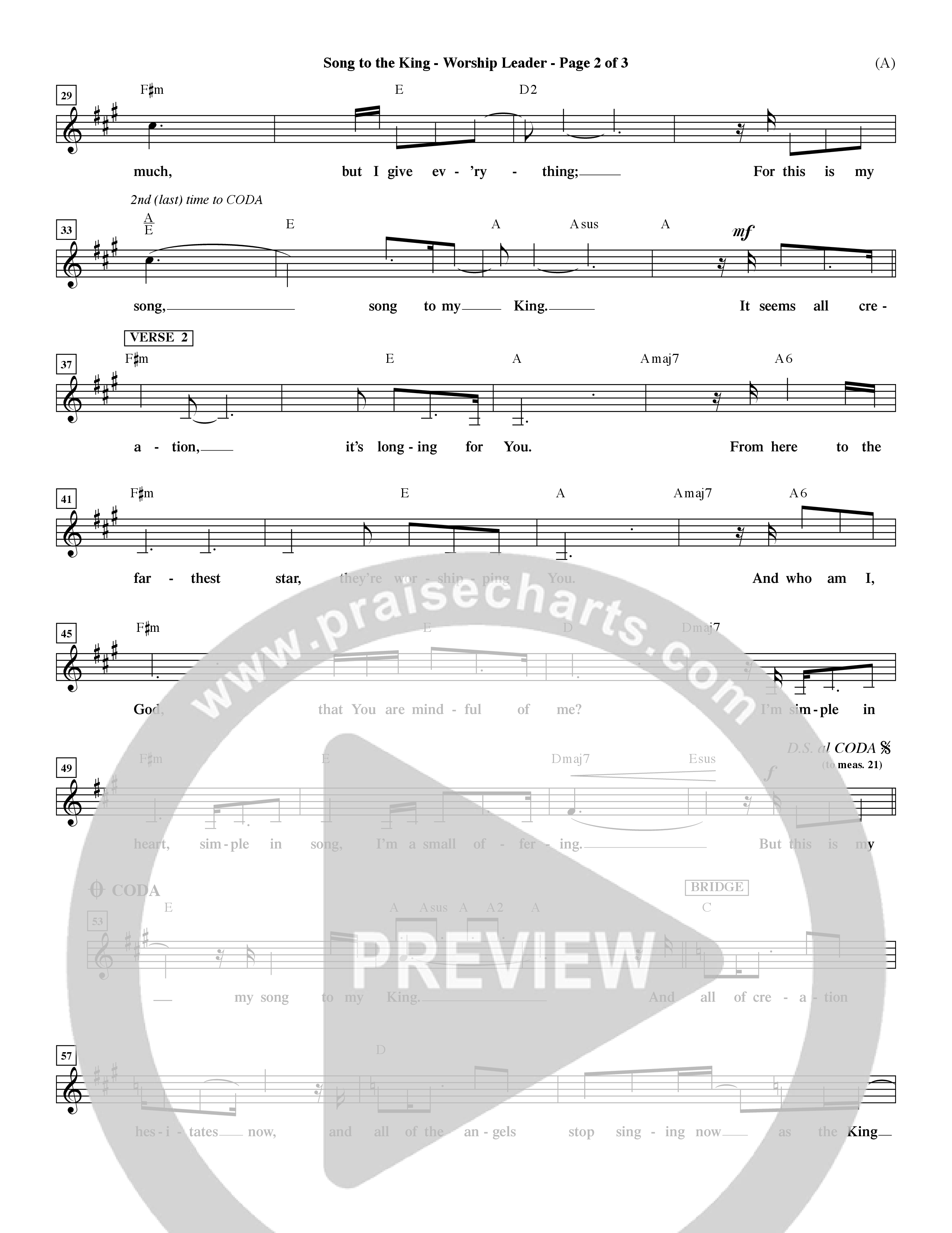 Song To The King (Choral Anthem SATB) Lead Sheet (Mel) (Word Music Choral / Orch. Dave Williamson)