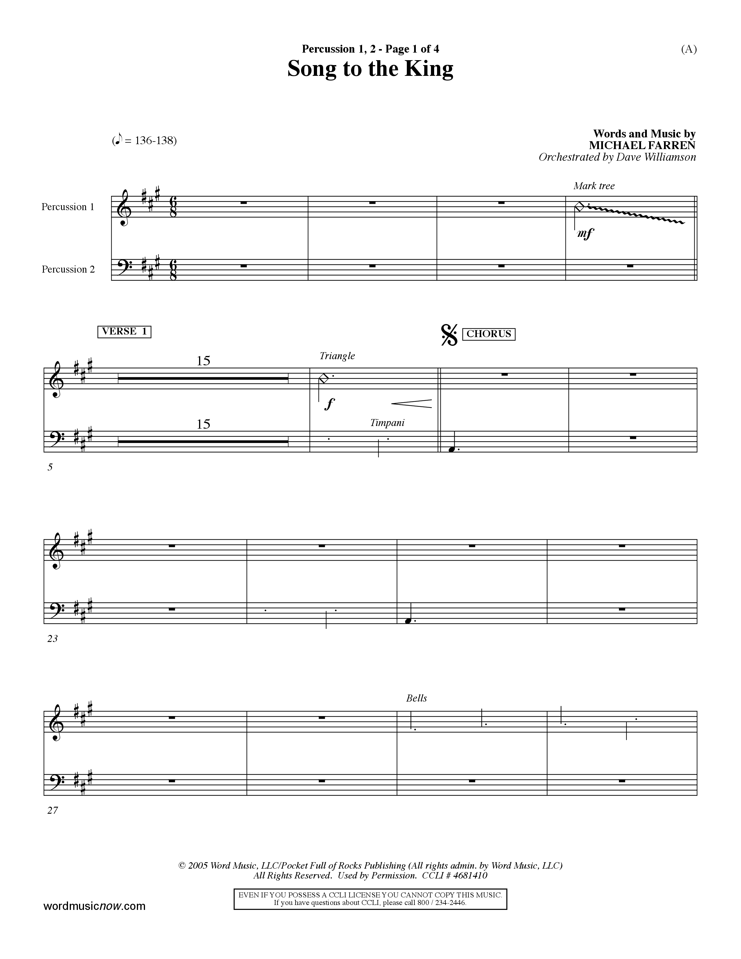 Song To The King (Choral Anthem SATB) Percussion 1/2 (Word Music Choral / Orch. Dave Williamson)