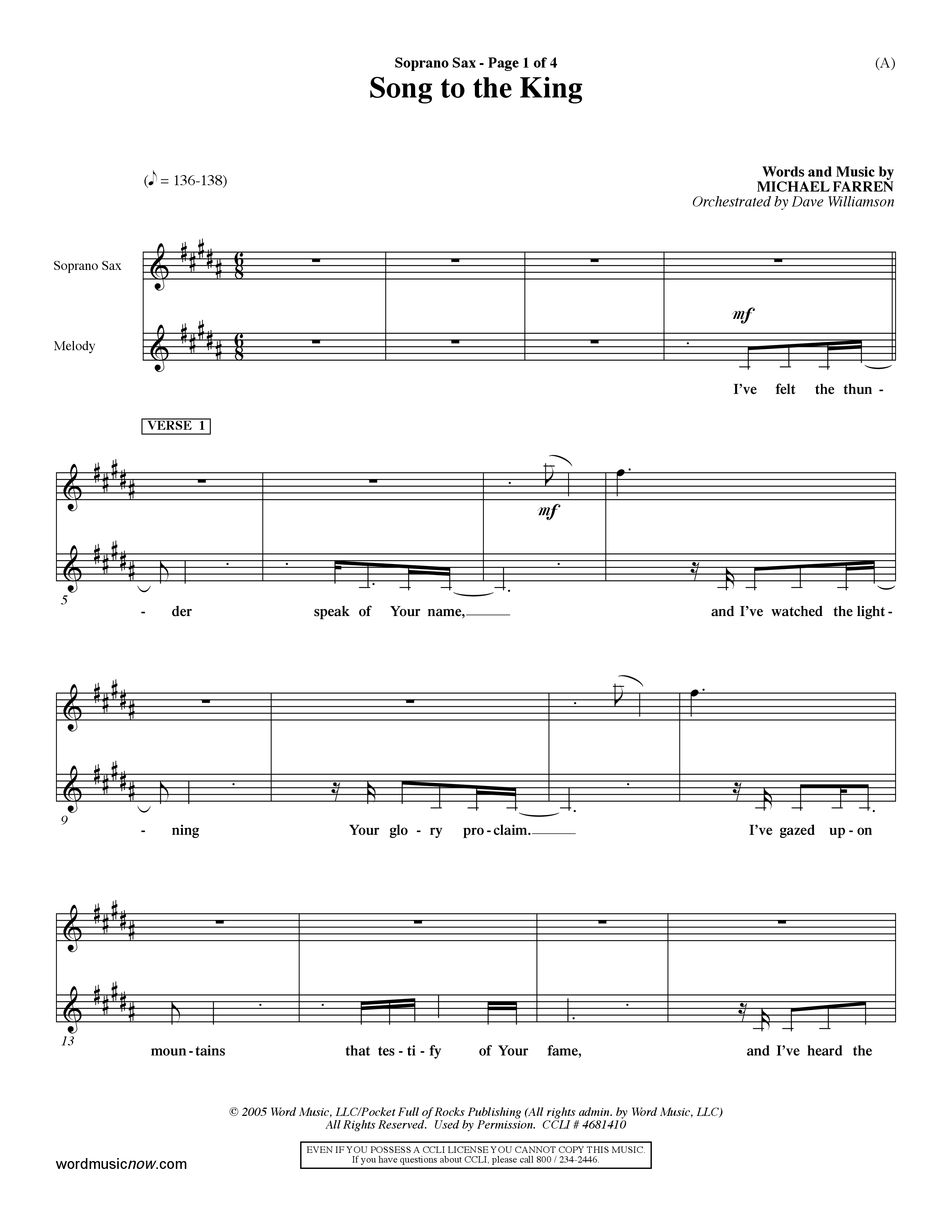 Song To The King (Choral Anthem SATB) Saxophone (Word Music Choral / Orch. Dave Williamson)
