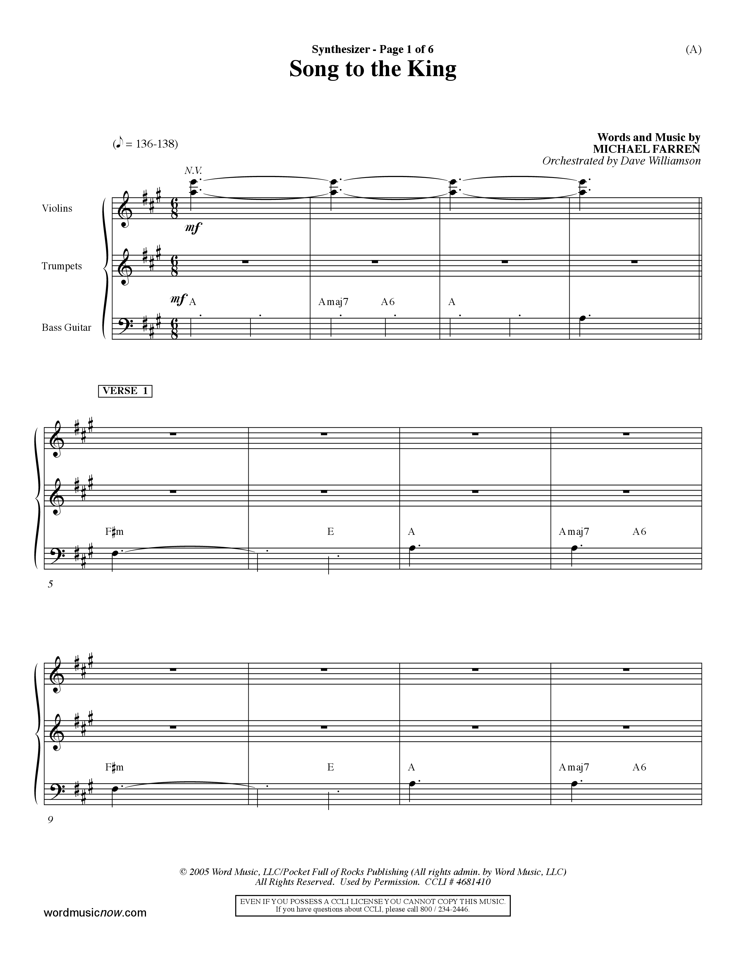 Song To The King (Choral Anthem SATB) Synth (Word Music Choral / Orch. Dave Williamson)