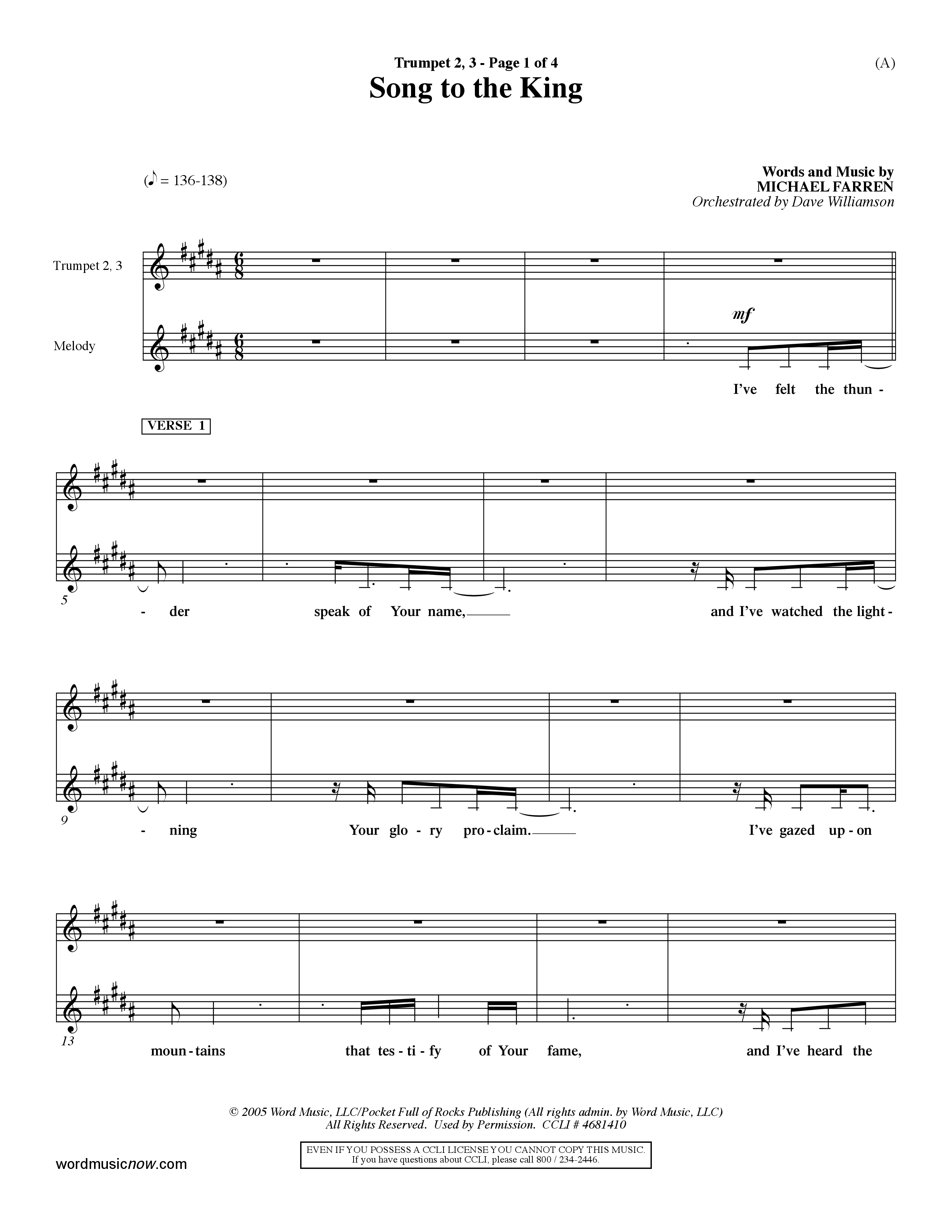 Song To The King (Choral Anthem SATB) Trumpet 2/3 (Word Music Choral / Orch. Dave Williamson)