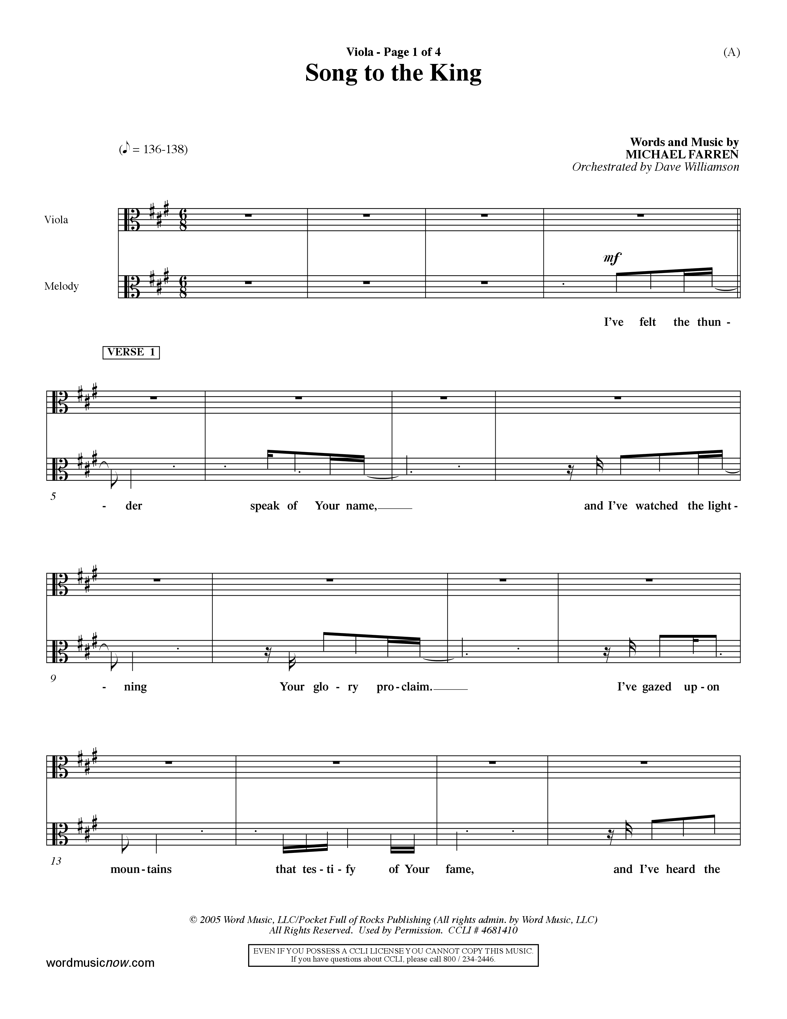 Song To The King (Choral Anthem SATB) Viola (Word Music Choral / Orch. Dave Williamson)