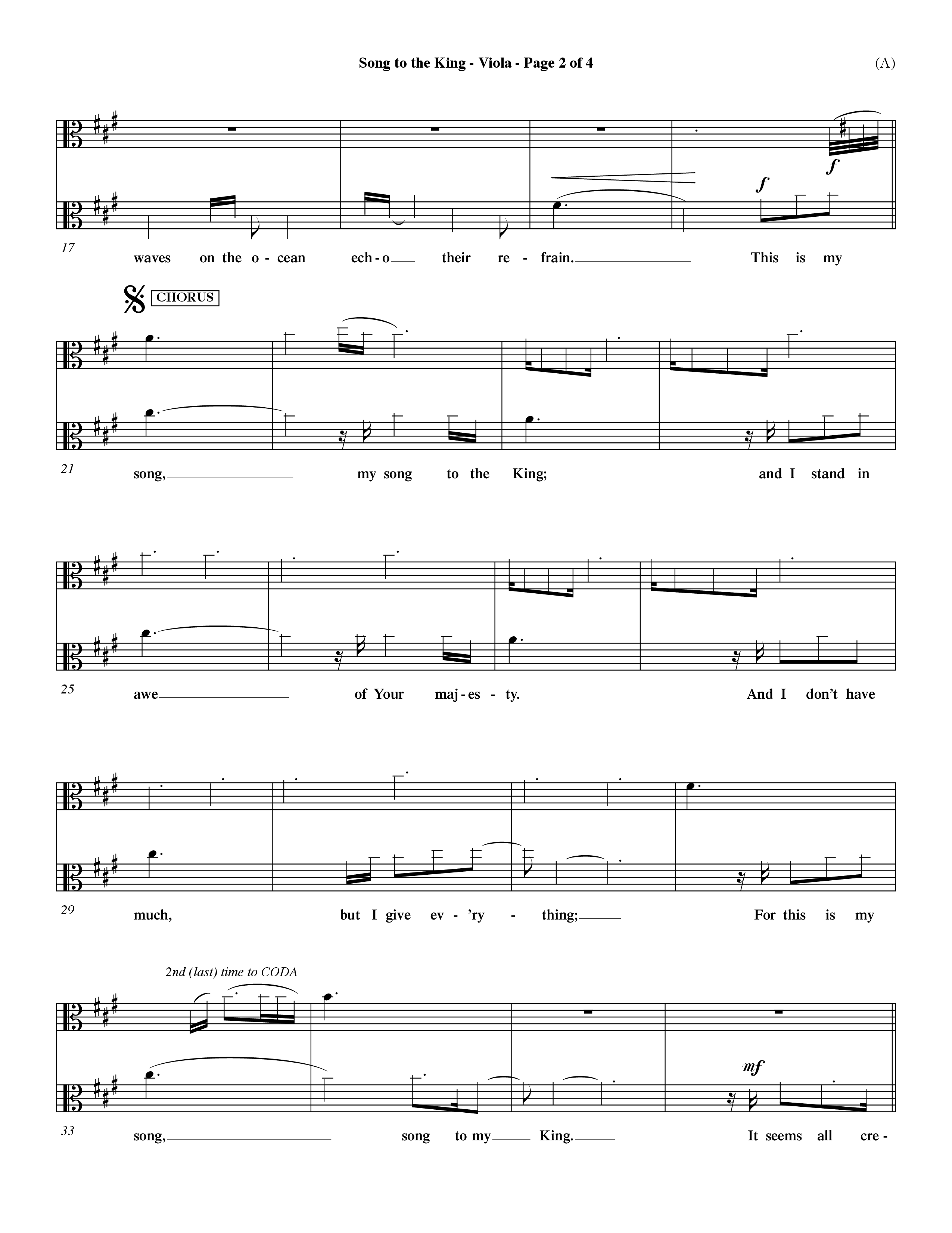 Song To The King (Choral Anthem SATB) Viola (Word Music Choral / Orch. Dave Williamson)