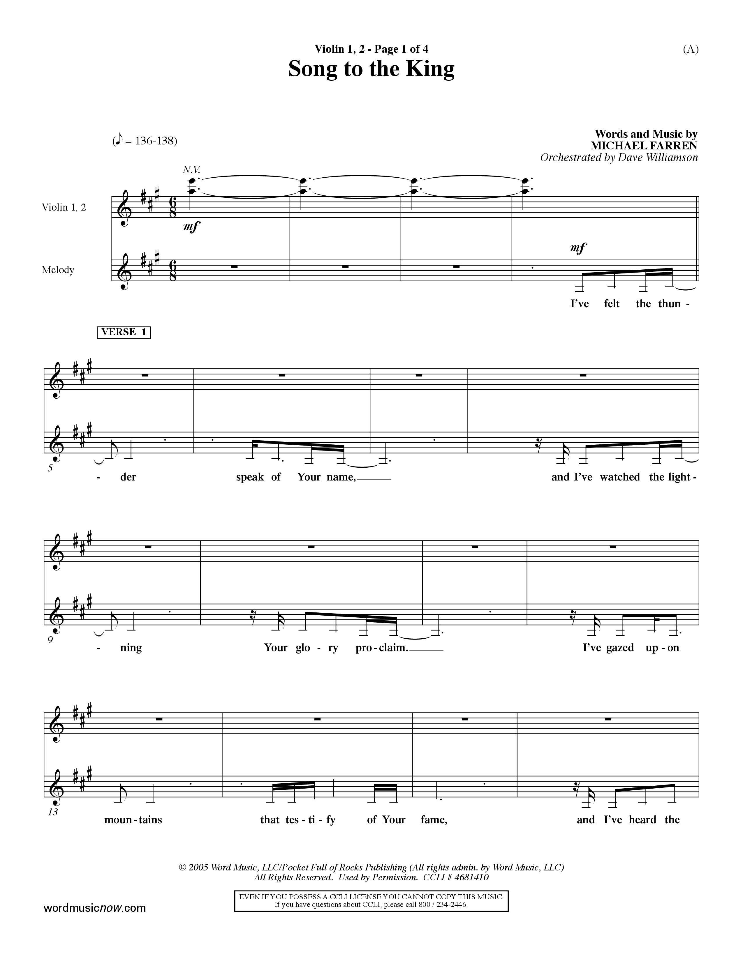 Song To The King (Choral Anthem SATB) Violin 1/2 (Word Music Choral / Orch. Dave Williamson)
