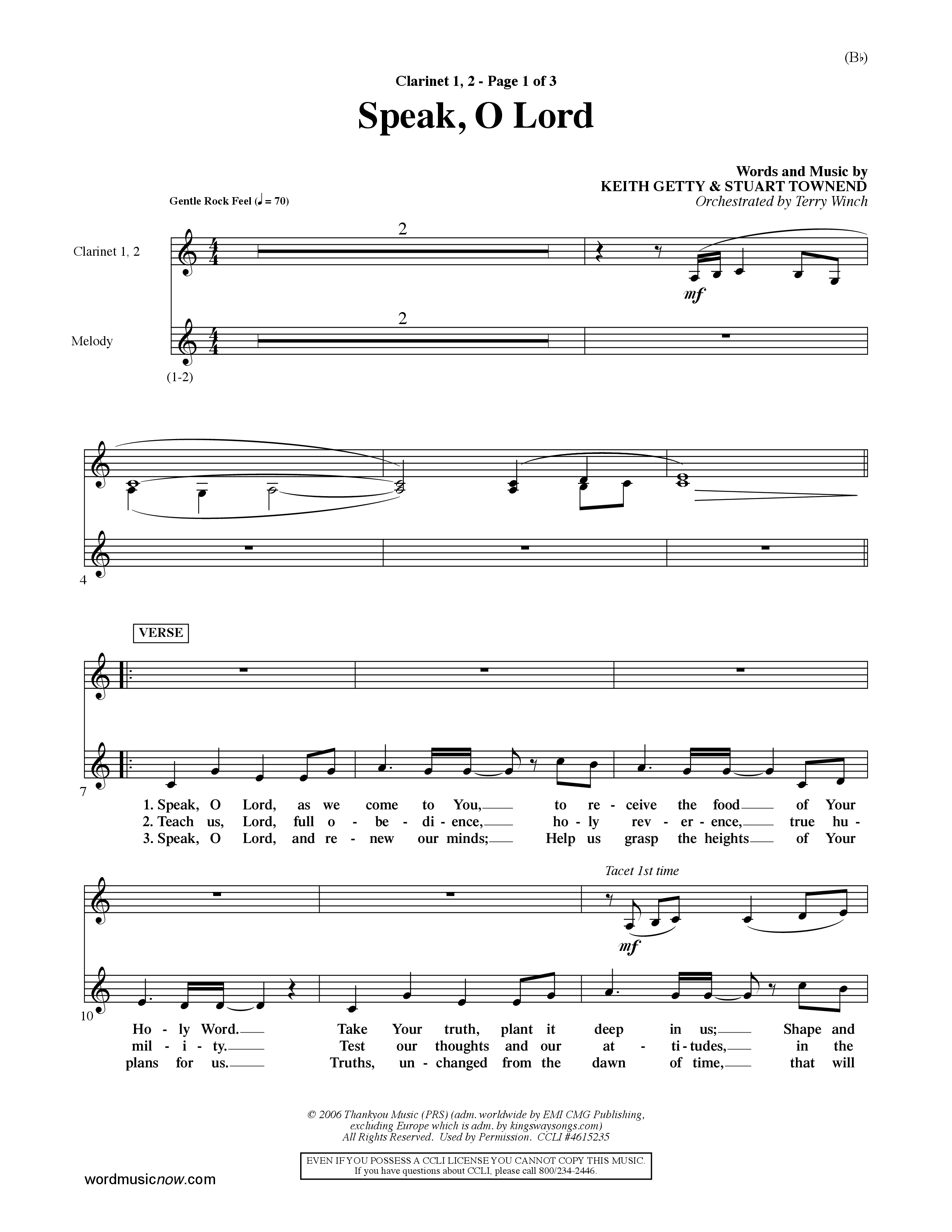 Speak O Lord (Choral Anthem SATB) Clarinet 1/2 (Word Music Choral / Orch. Terry Winch)