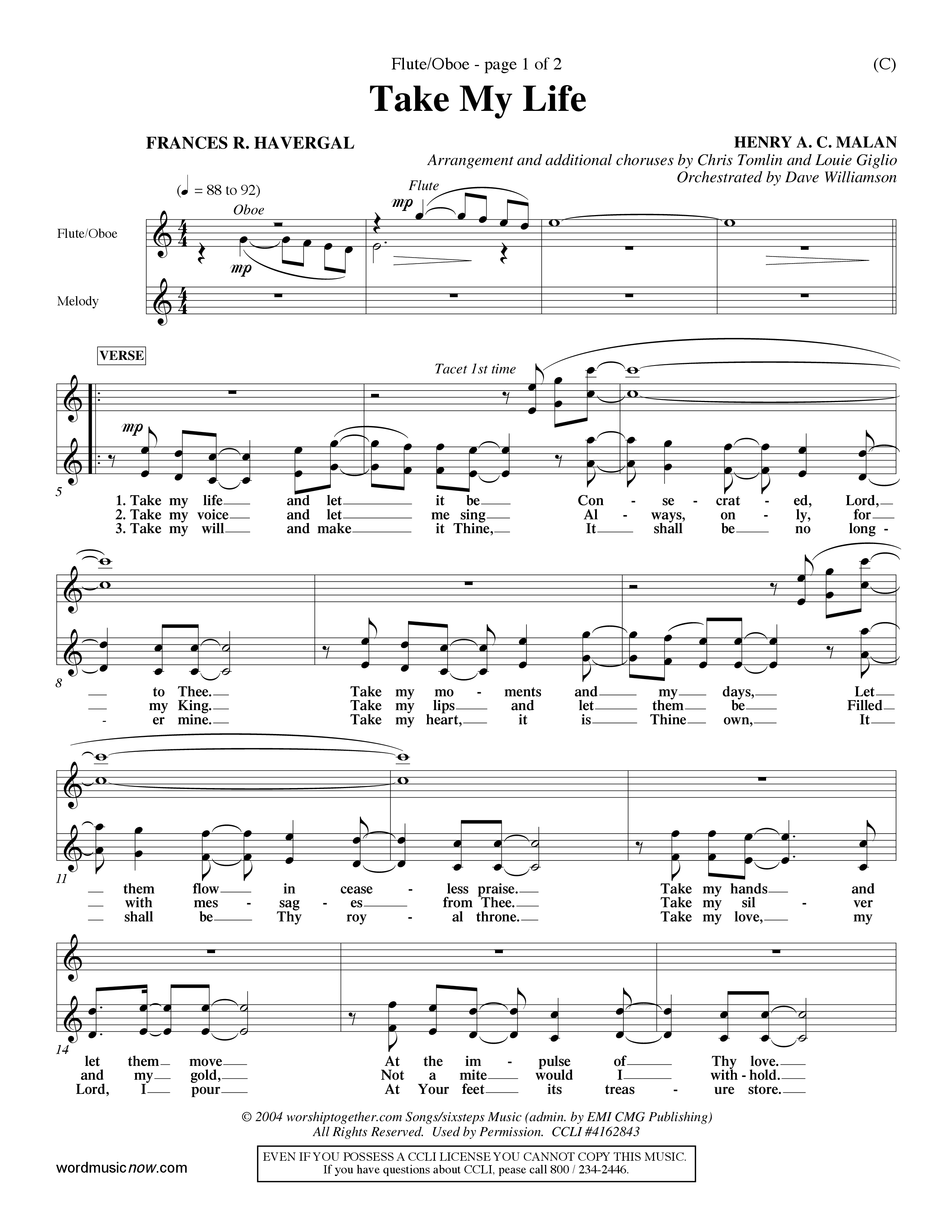 Take My Life (Choral Anthem SATB) Flute/Oboe (Word Music Choral / Orch. Dave Williamson)
