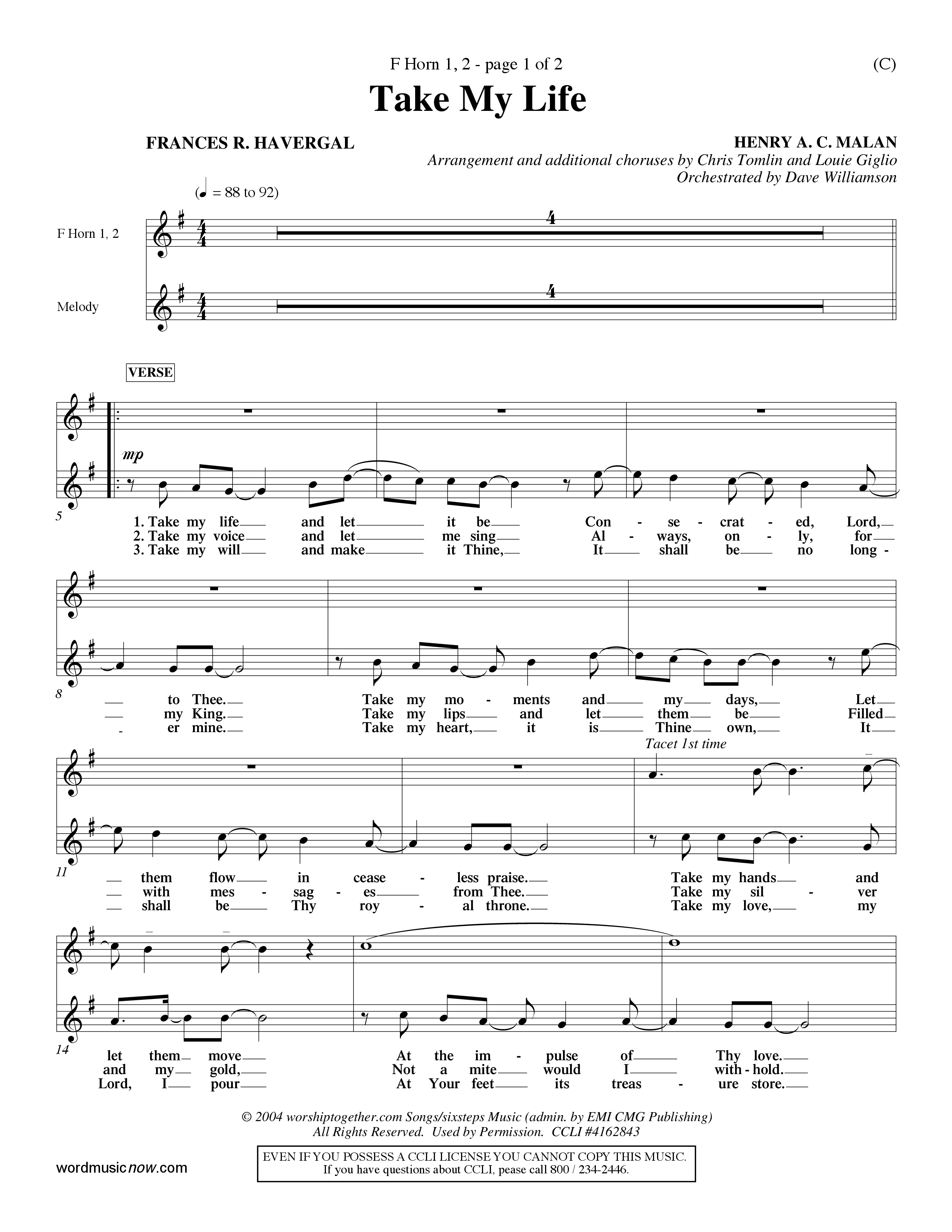 Take My Life (Choral Anthem SATB) French Horn (Word Music Choral / Orch. Dave Williamson)