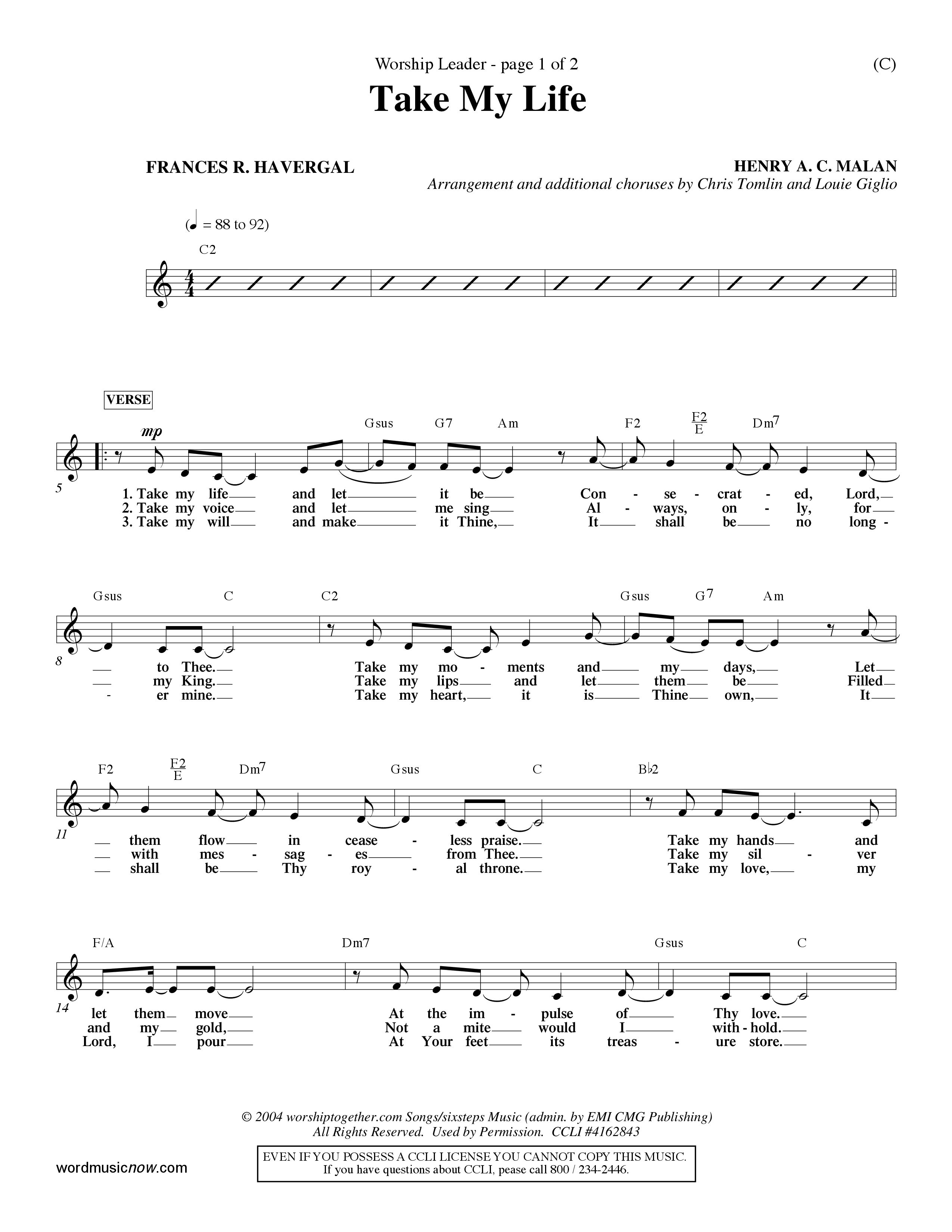 Take My Life (Choral Anthem SATB) Lead Sheet (Mel) (Word Music Choral / Orch. Dave Williamson)